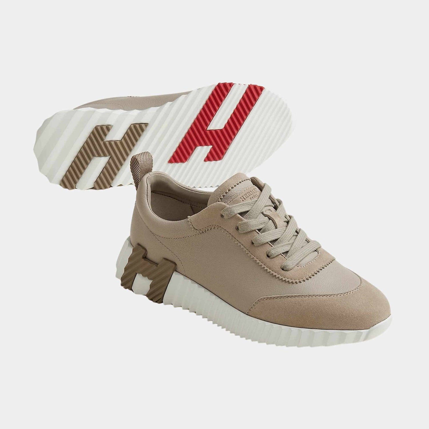 Hermes Bouncing Sneaker Suede Sport Goatskin Women, Beige Galet, Front