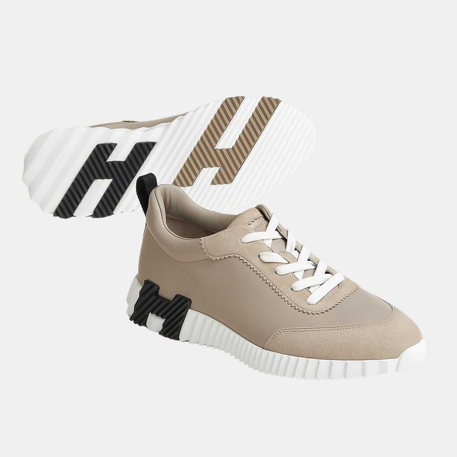 Hermes Bouncing Sneaker Suede Toe Cap Calfskin Men, Beige Galet, Front