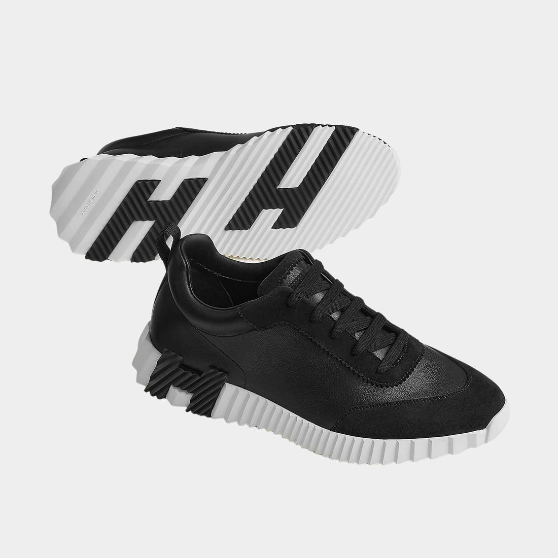 Hermes Bouncing Sneaker Suede Toe Cap Calfskin Men, Black, Front