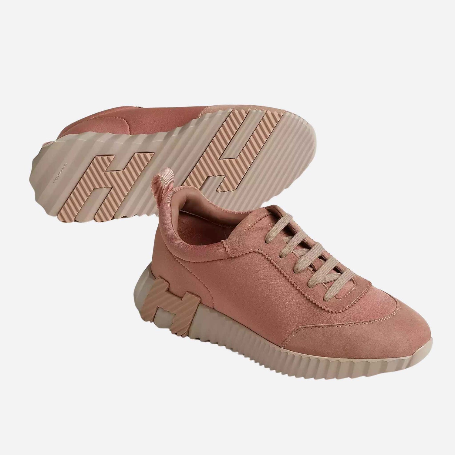 Hermes Bouncing Sneaker Technical Jersey Suede Women, Rose Perle, Front