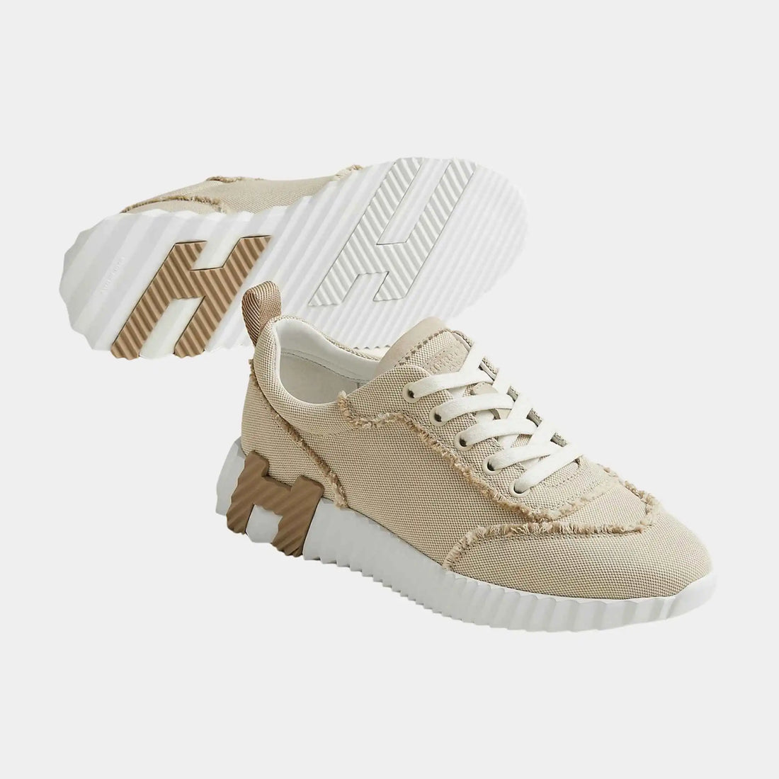 Hermes Bouncing Sneakers in Fringed H Canvas and Suede Goatskin, Beige Glaise, Front
