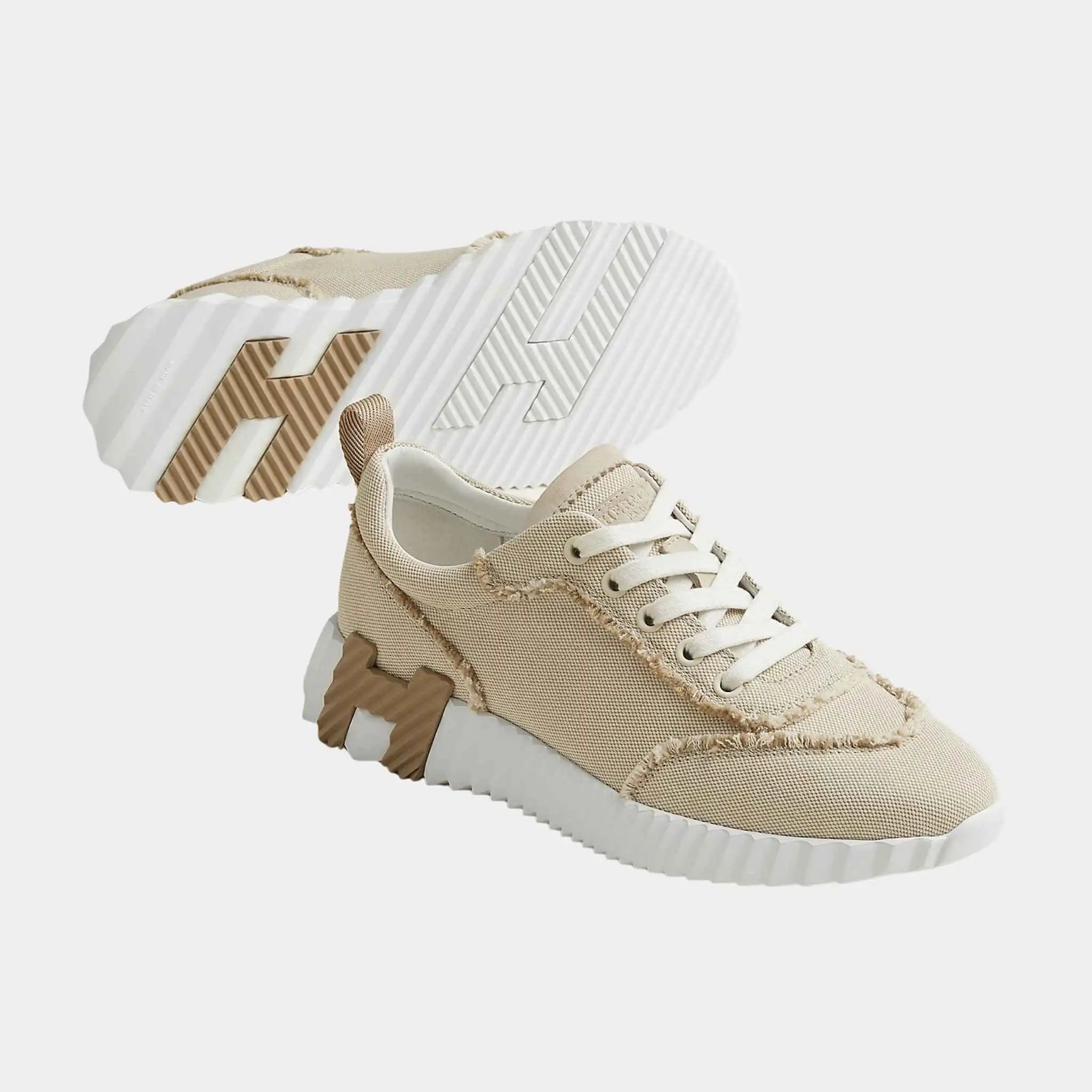 Hermes Bouncing Sneakers in Fringed H Canvas and Suede Goatskin, Beige Glaise, Front