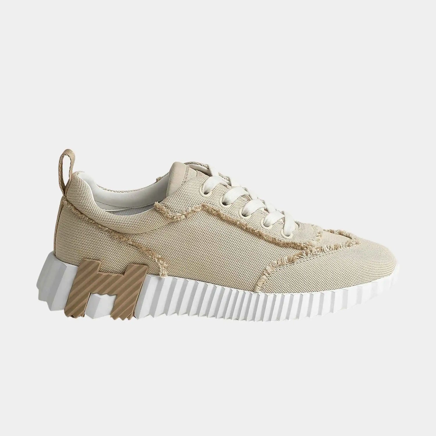 Hermes Bouncing Sneakers in Fringed H Canvas and Suede Goatskin, Beige Glaise, Side
