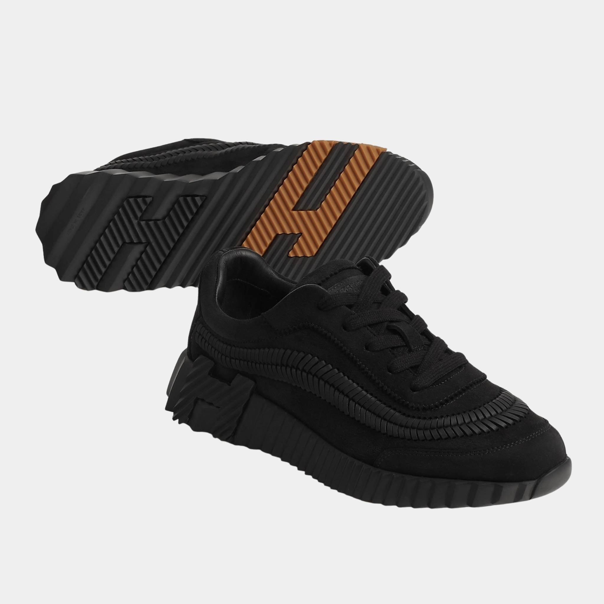 Hermes Bouncing Sneakers Suede and Herringbone Braided Calfskin, Noir, Front