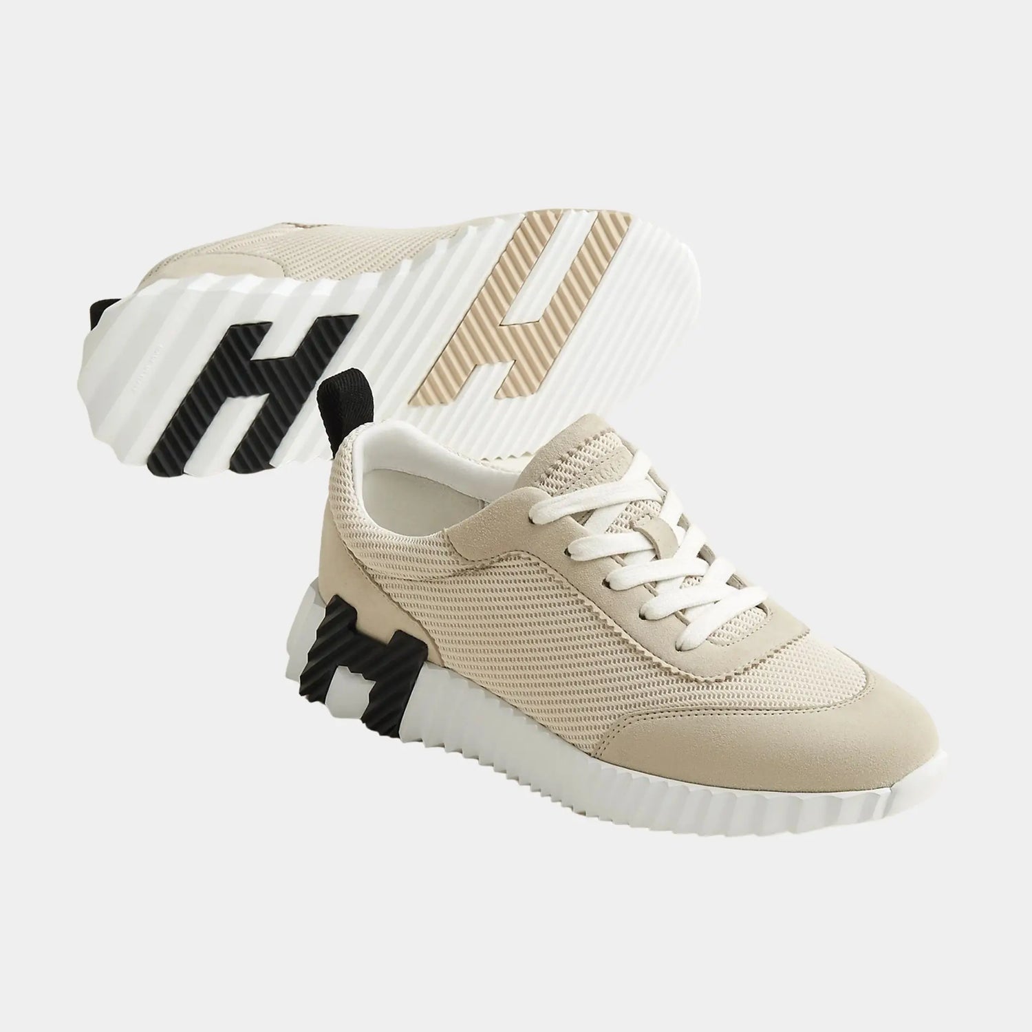 Hermes Bouncing Sneakers in Textured Mesh &amp; Suede Goatskin, Beige Glaise, Front