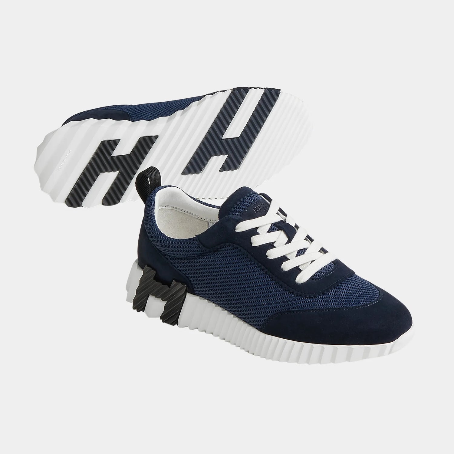 Hermes Bouncing Sneakers in Textured Mesh &amp; Suede Goatskin, Marine, Front