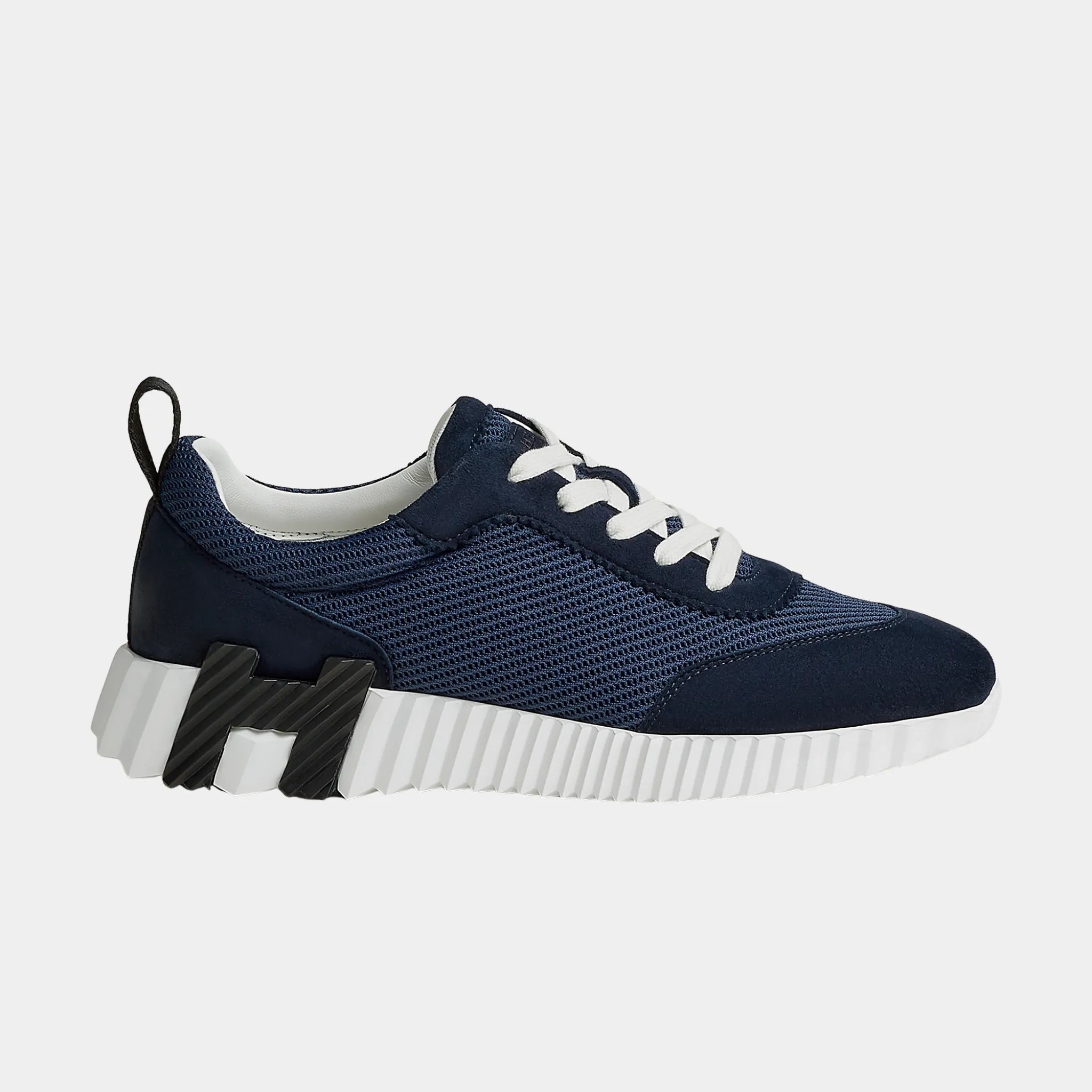 Hermes Bouncing Sneakers in Textured Mesh &amp; Suede Goatskin, Marine, Side