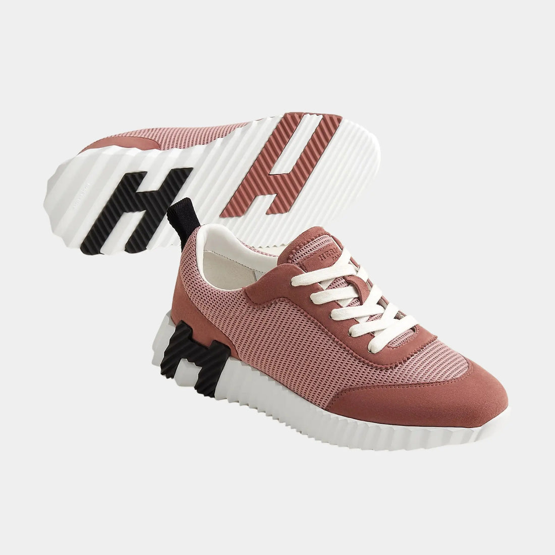 Hermes Bouncing Sneakers in Textured Mesh &amp; Suede Goatskin, Rose Antique, Front