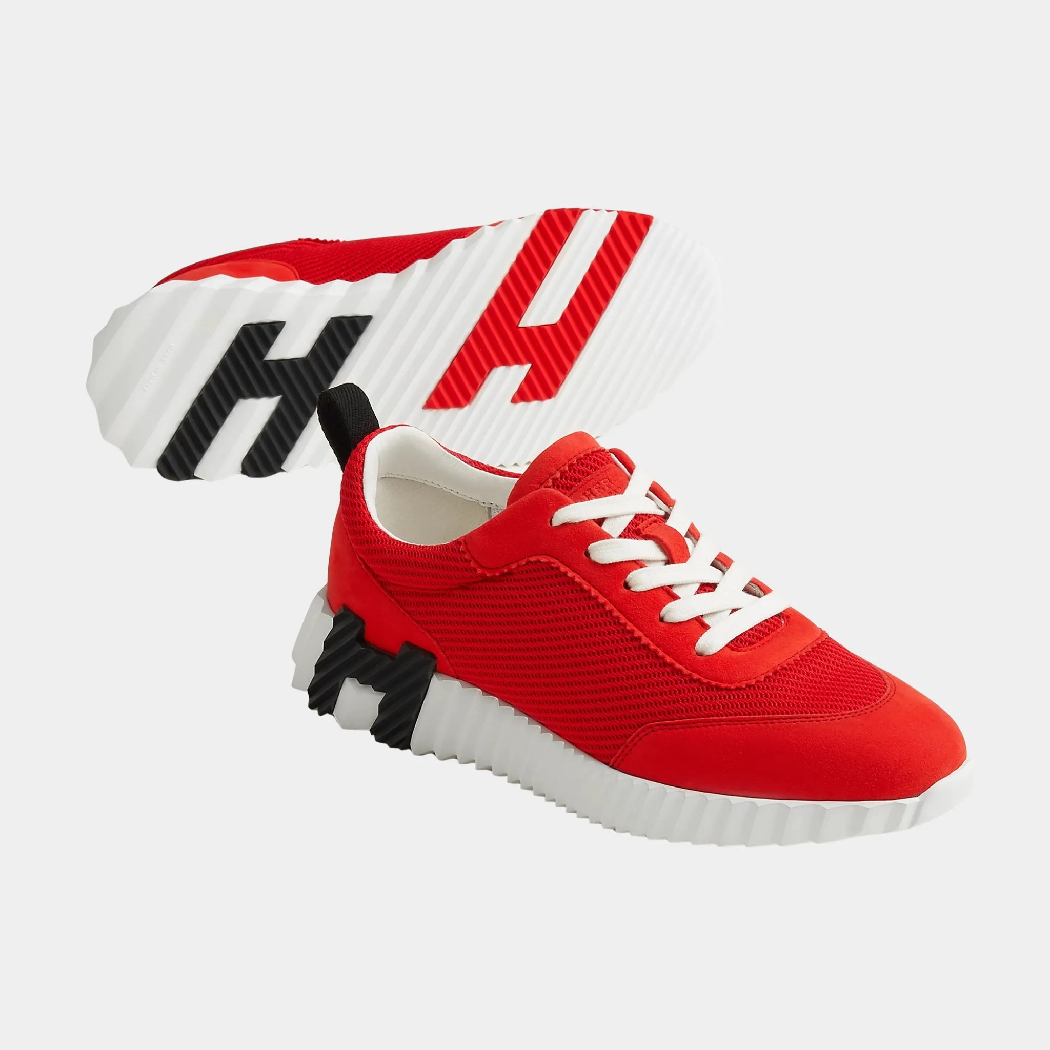 Hermes Bouncing Sneakers in Textured Mesh &amp; Suede Goatskin, Rouge Grenadine, Front