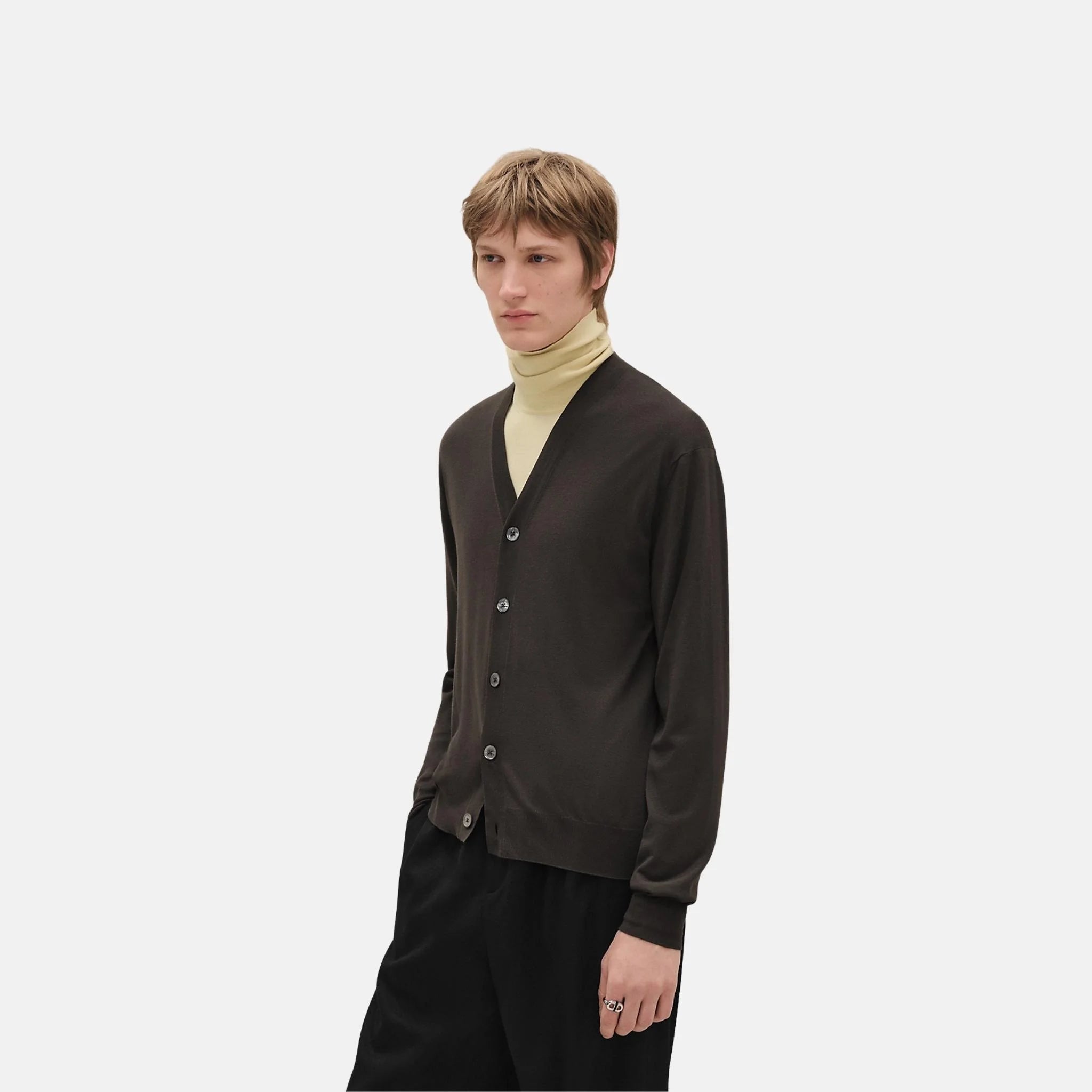 Hermes Buttoned Cardigan with H Detail, Coffee, Front