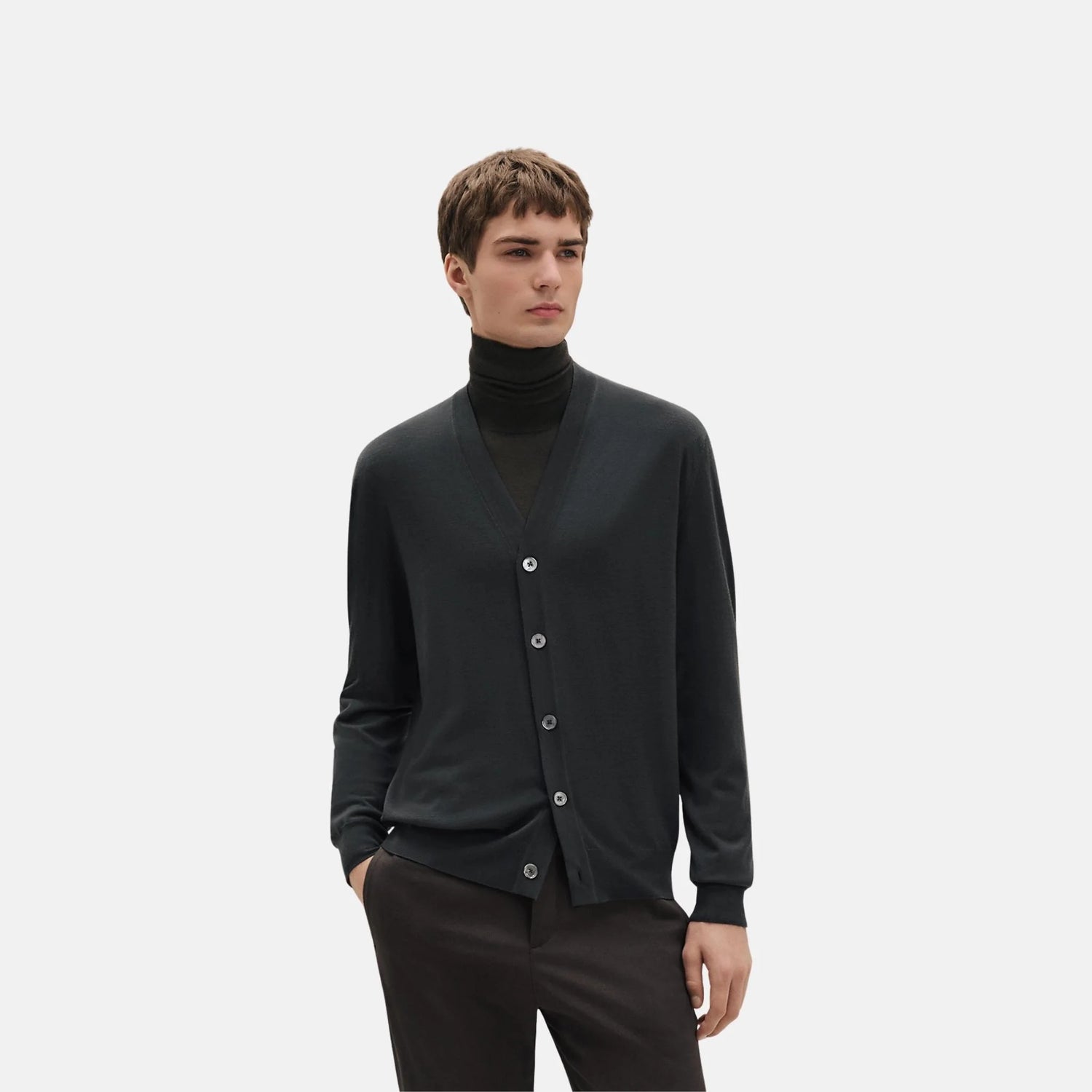 Hermes Buttoned Cardigan with H Detail, Vert Chrome, Front