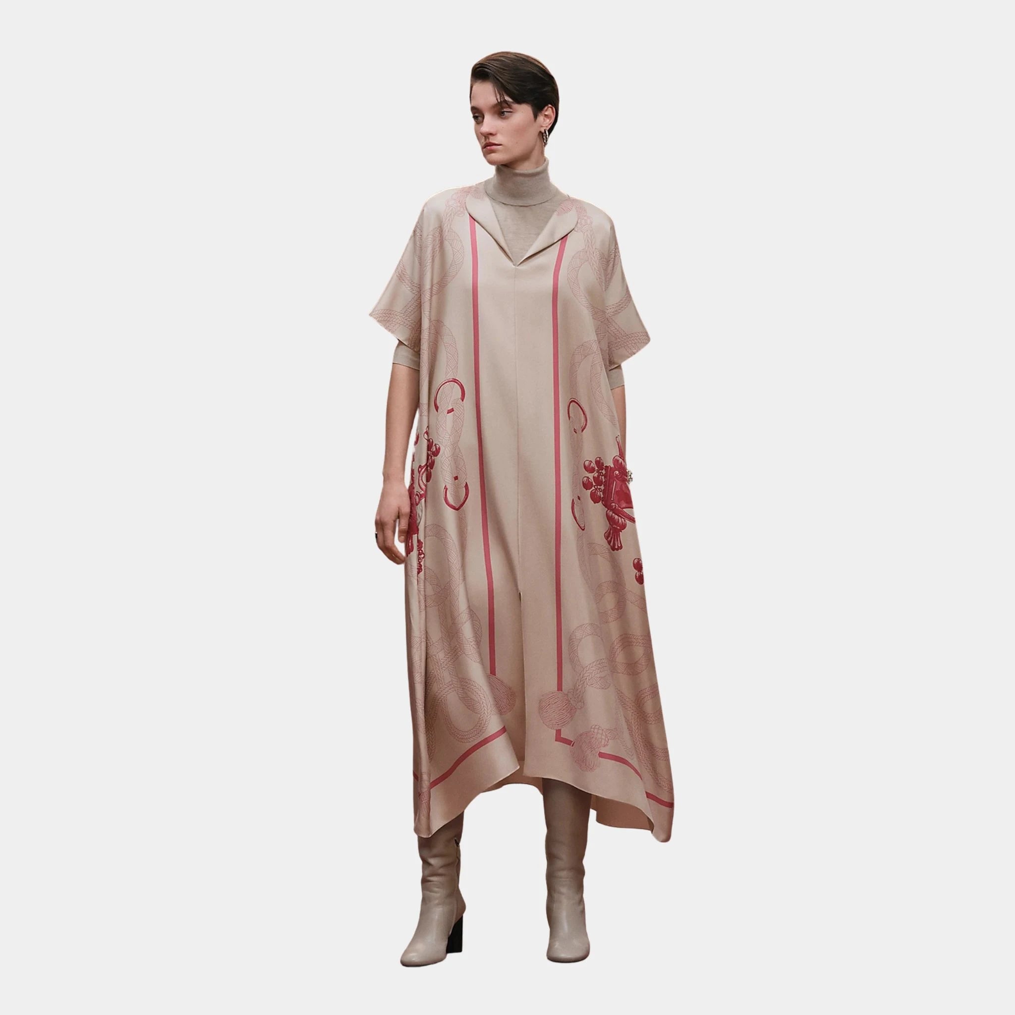 Hermes Caftan in Palefroi Remix Printed Silk, Beige Avoine, Front