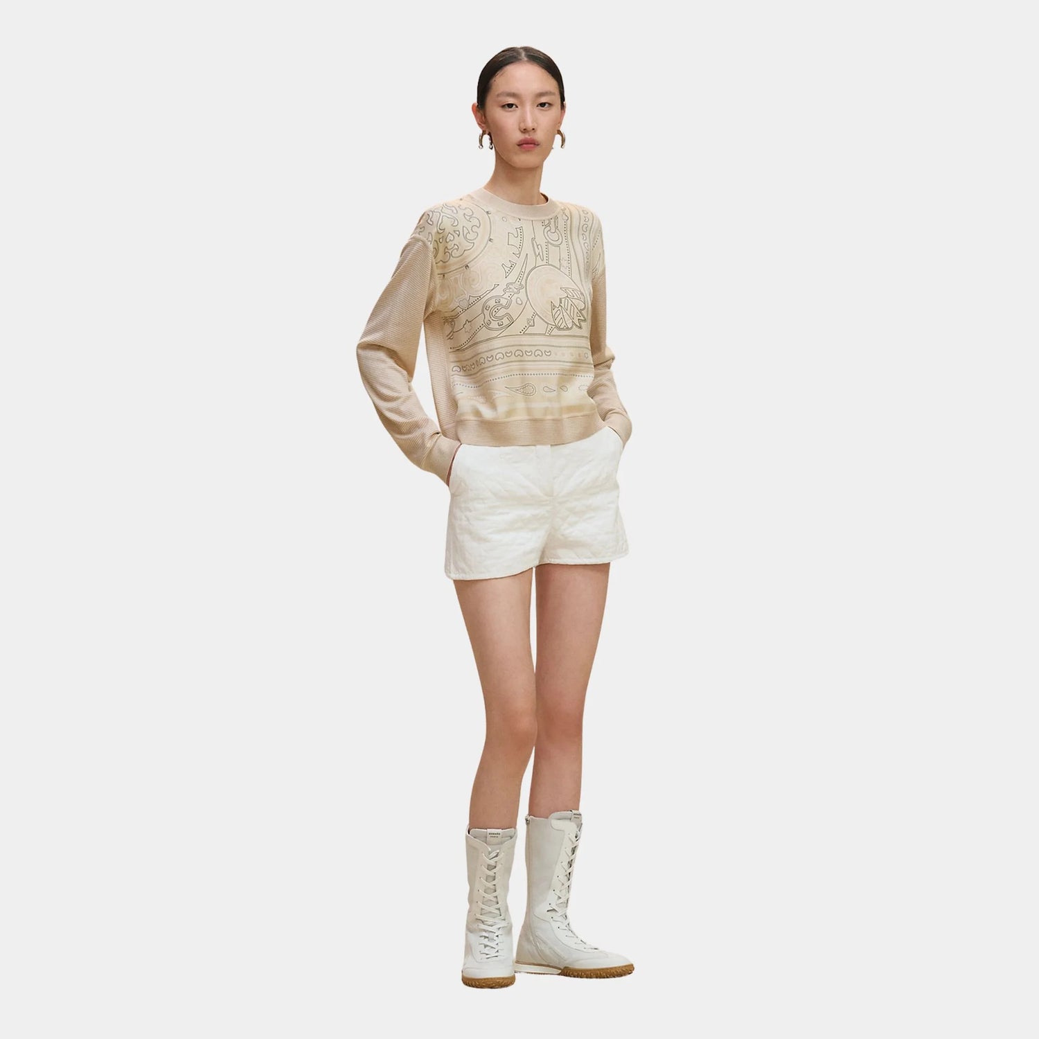 Hermes Candy Libris Long-sleeve Twillaine Sweater, Blanc Perle, Front