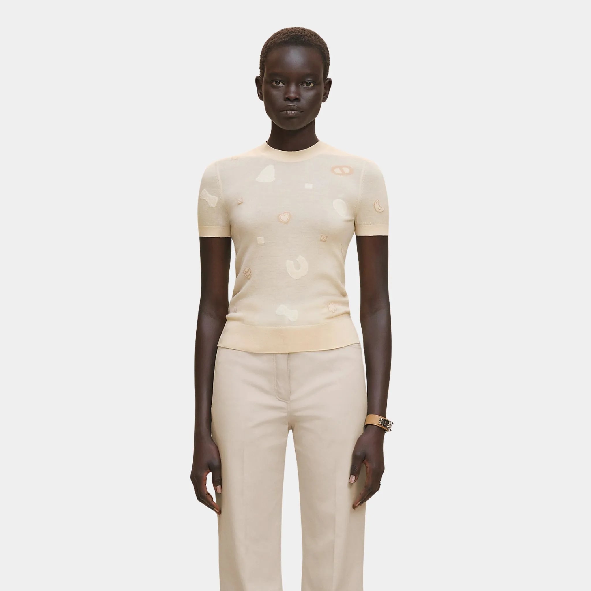 Hermes Candy Libris Short-sleeve Sweater, Blanc Cygne, Front