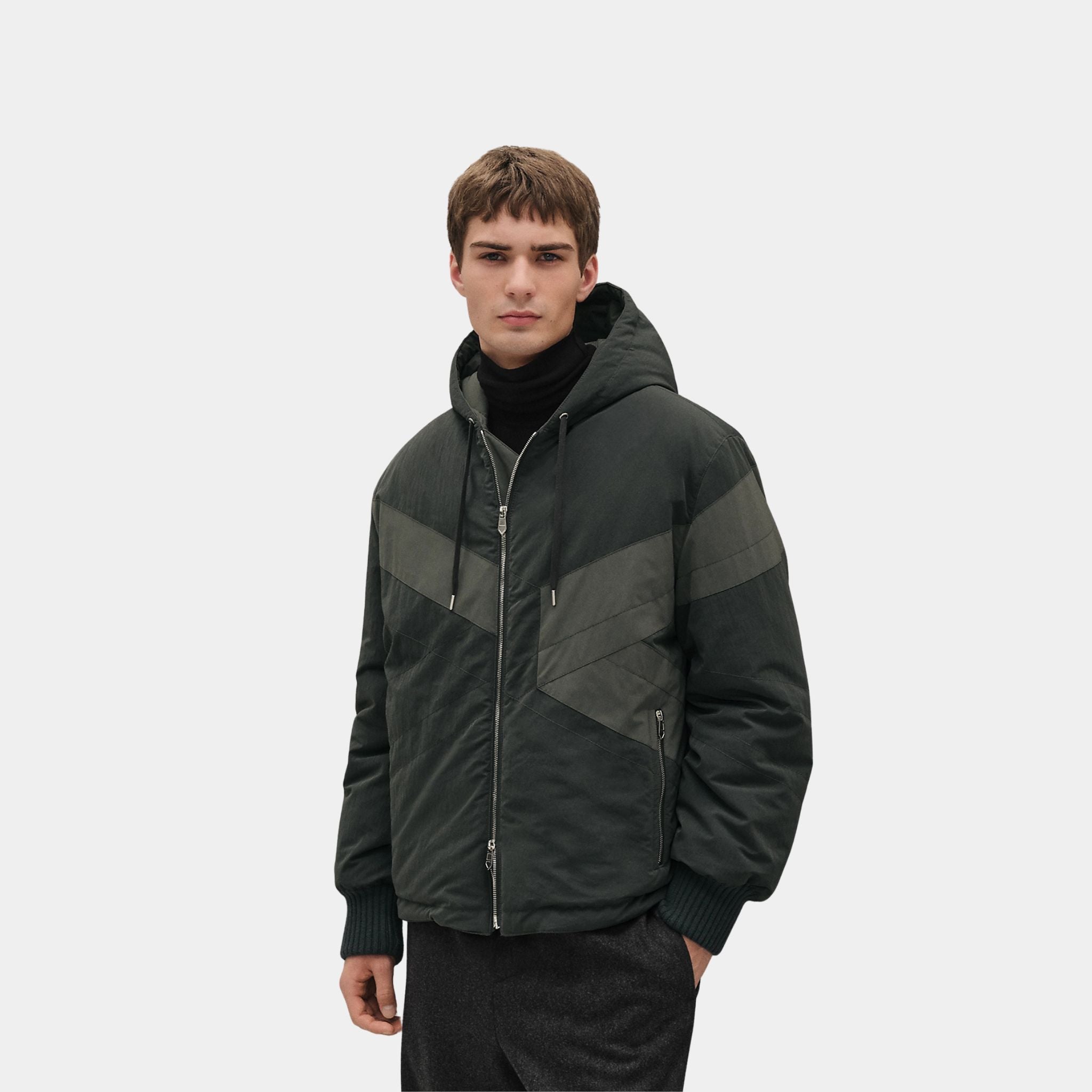 Hermes Casaque Hooded Jacket in Crisp Ripstop, Vert Chrome, Front