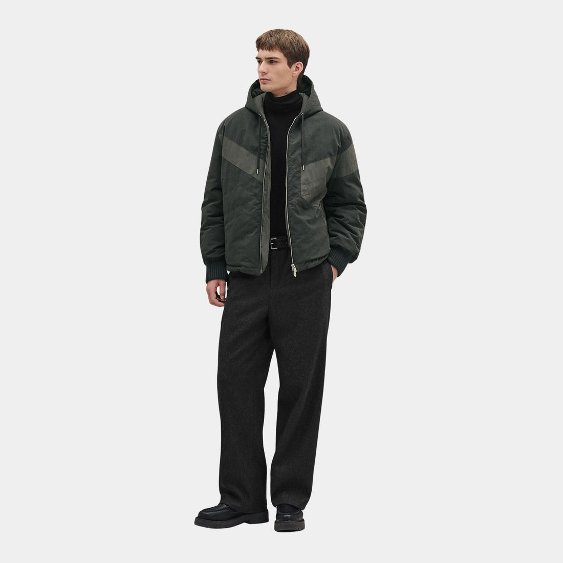 Hermes Casaque Hooded Jacket in Crisp Ripstop, Vert Chrome, Model, Front
