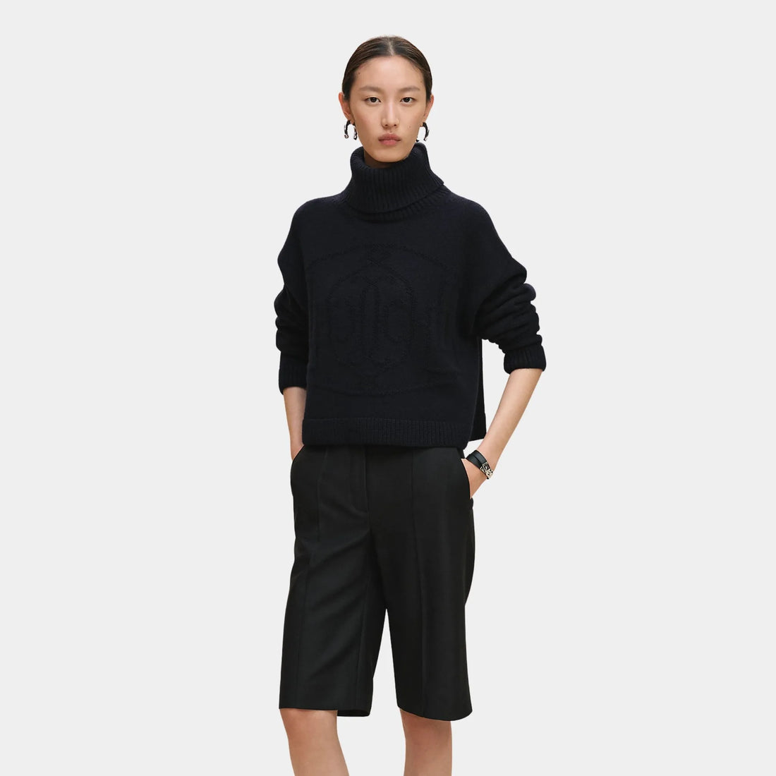 Hermes Cashmere H Lift Long-sleeve Sweater, Bleu Noir, Front