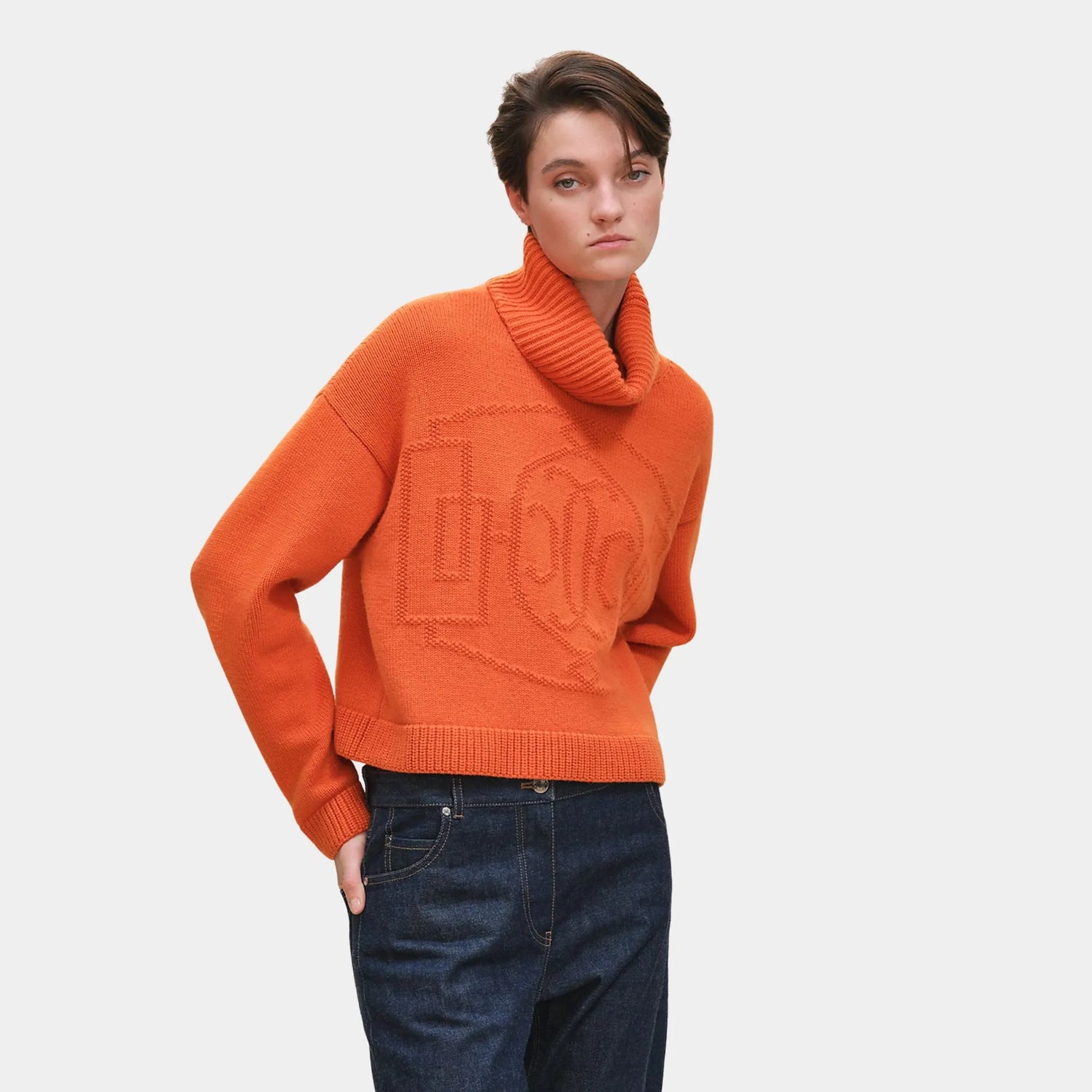 Hermes Cashmere H Lift Long-sleeve Sweater, Orange Safran, Front