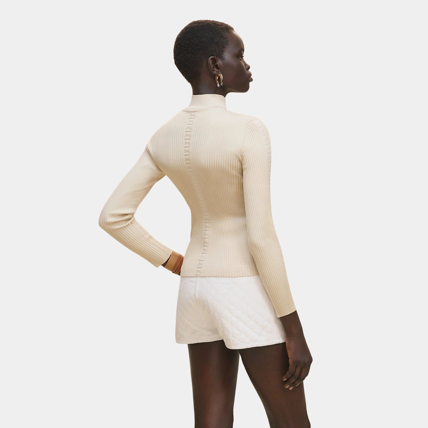 Hermes Cashmere Long-sleeve Sweater in Shiny Silk Knit, Blanc Naturel, Back