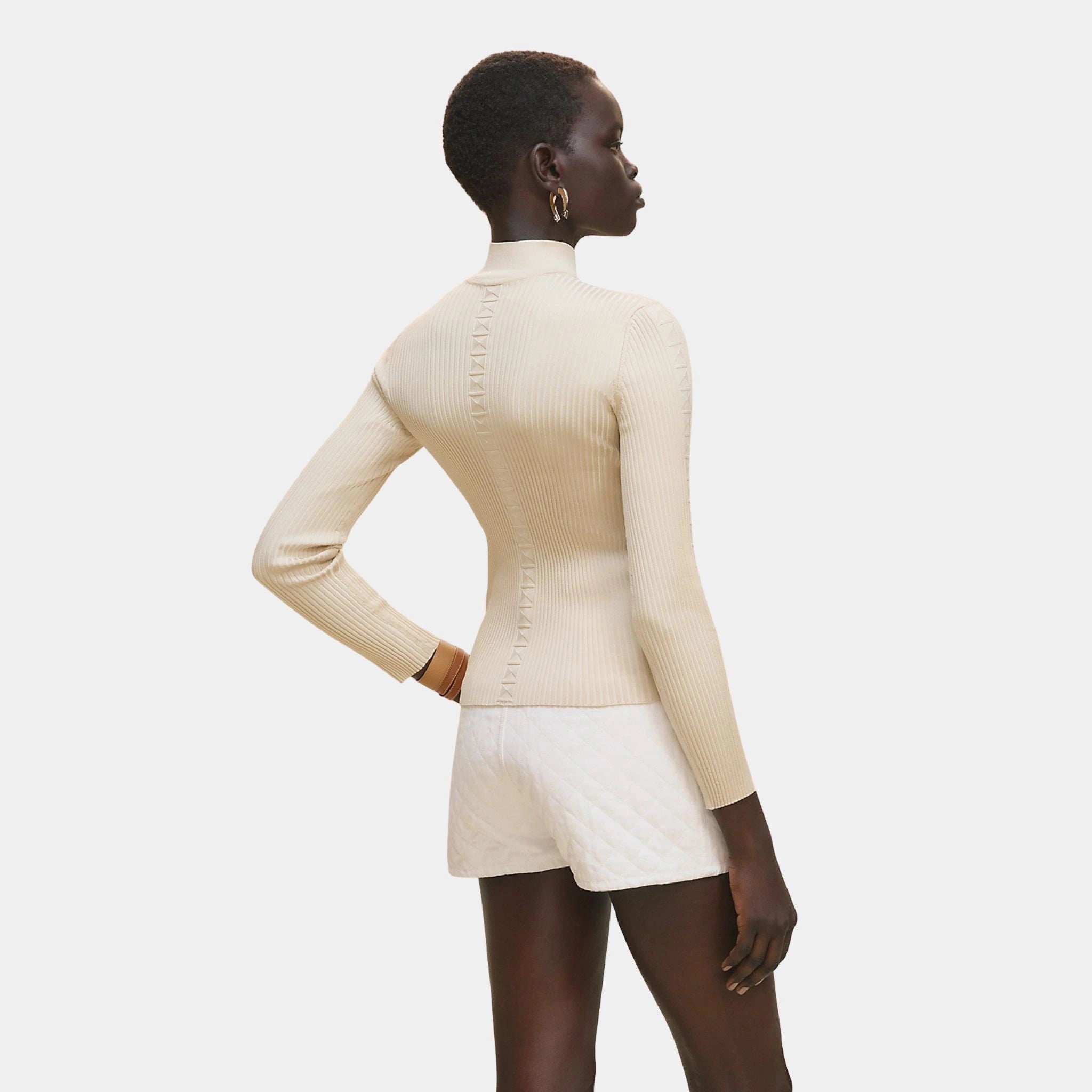 Hermes Cashmere Long-sleeve Sweater in Shiny Silk Knit, Blanc Naturel, Back