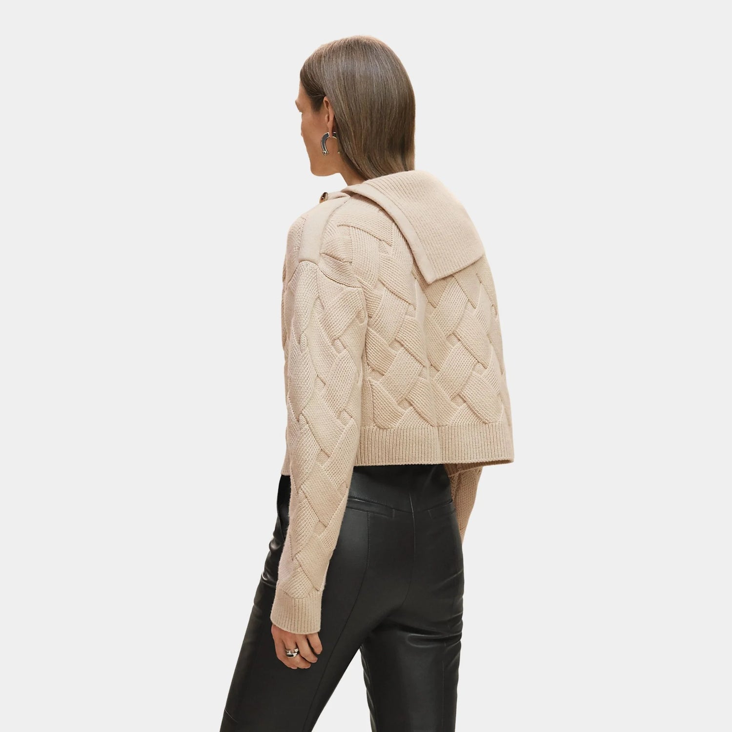 Cashmere Long-sleeve Sweater with Braiding Motif, Beige Naturel, Back