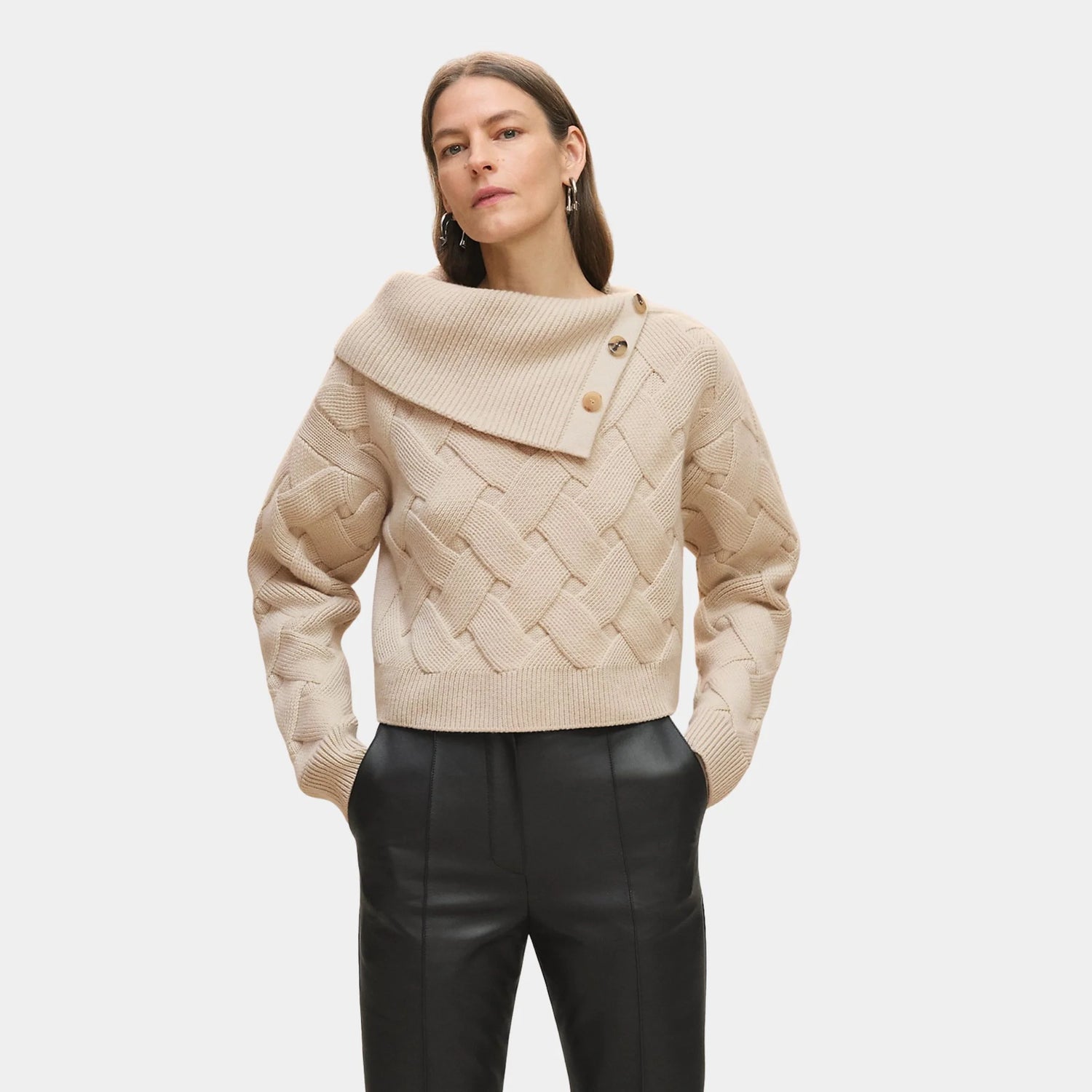 Cashmere Long-sleeve Sweater with Braiding Motif, Beige Naturel, Front