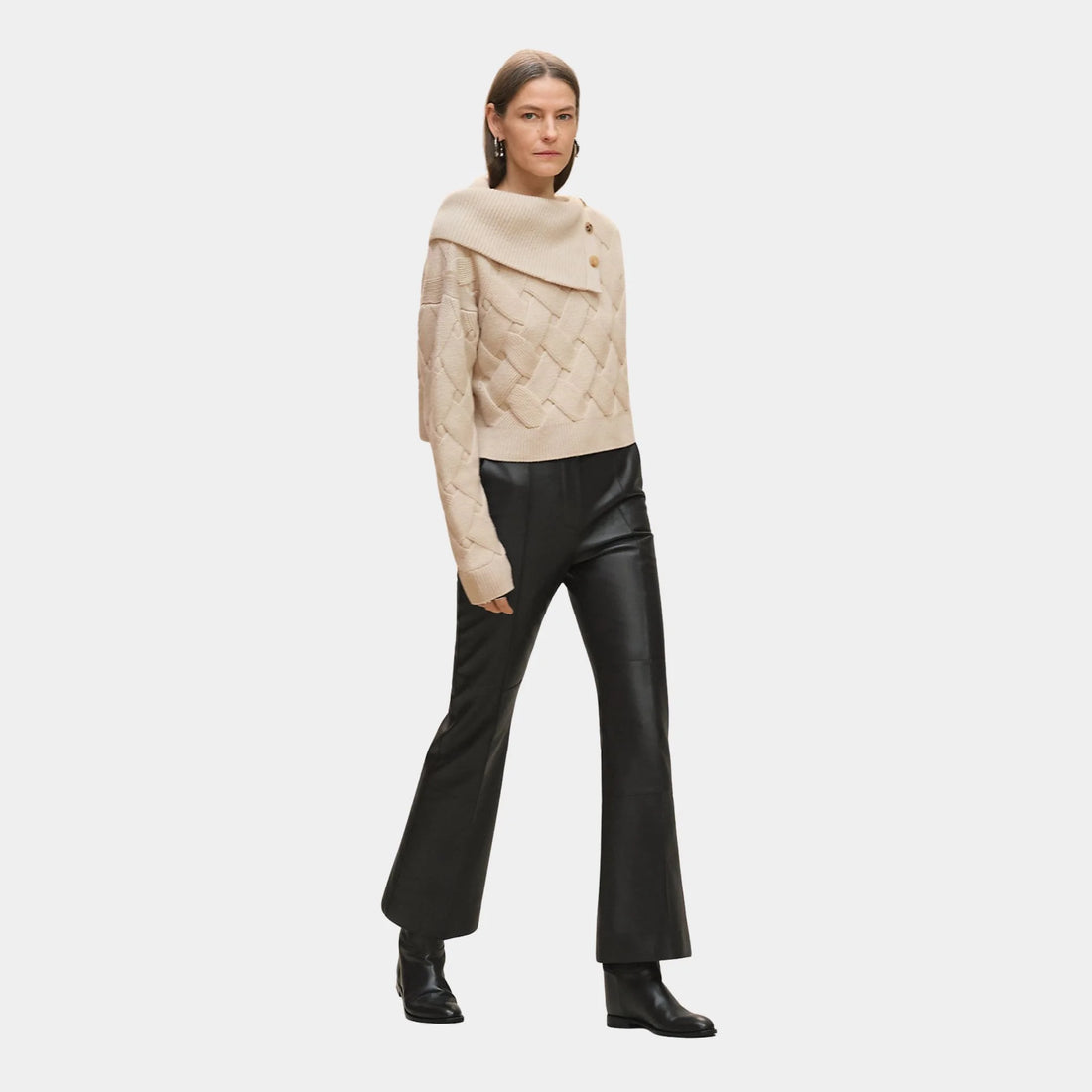 Cashmere Long-sleeve Sweater with Braiding Motif, Beige Naturel, Model, Front