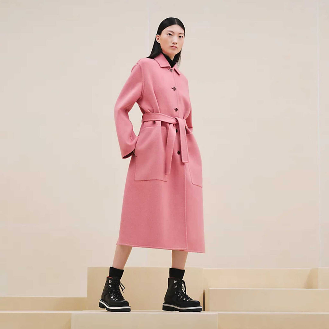 Hermes Cashmere Wrap Coat Rose Incarnat, Model, Front, Closed