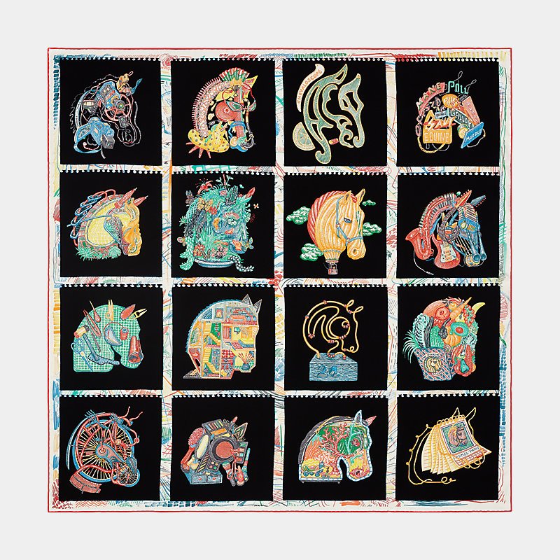 Hermes Chevaloscope scarf 90, Black, Vert, Multicolor