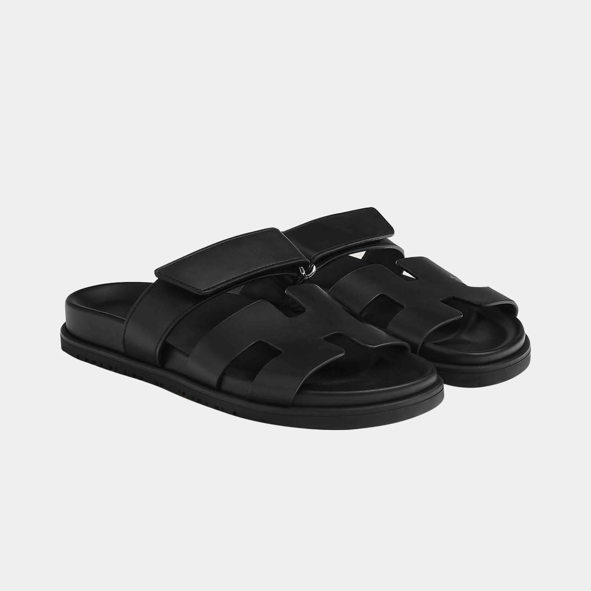 Hermes Chypre Sandal Calfskin Women, Black, Front
