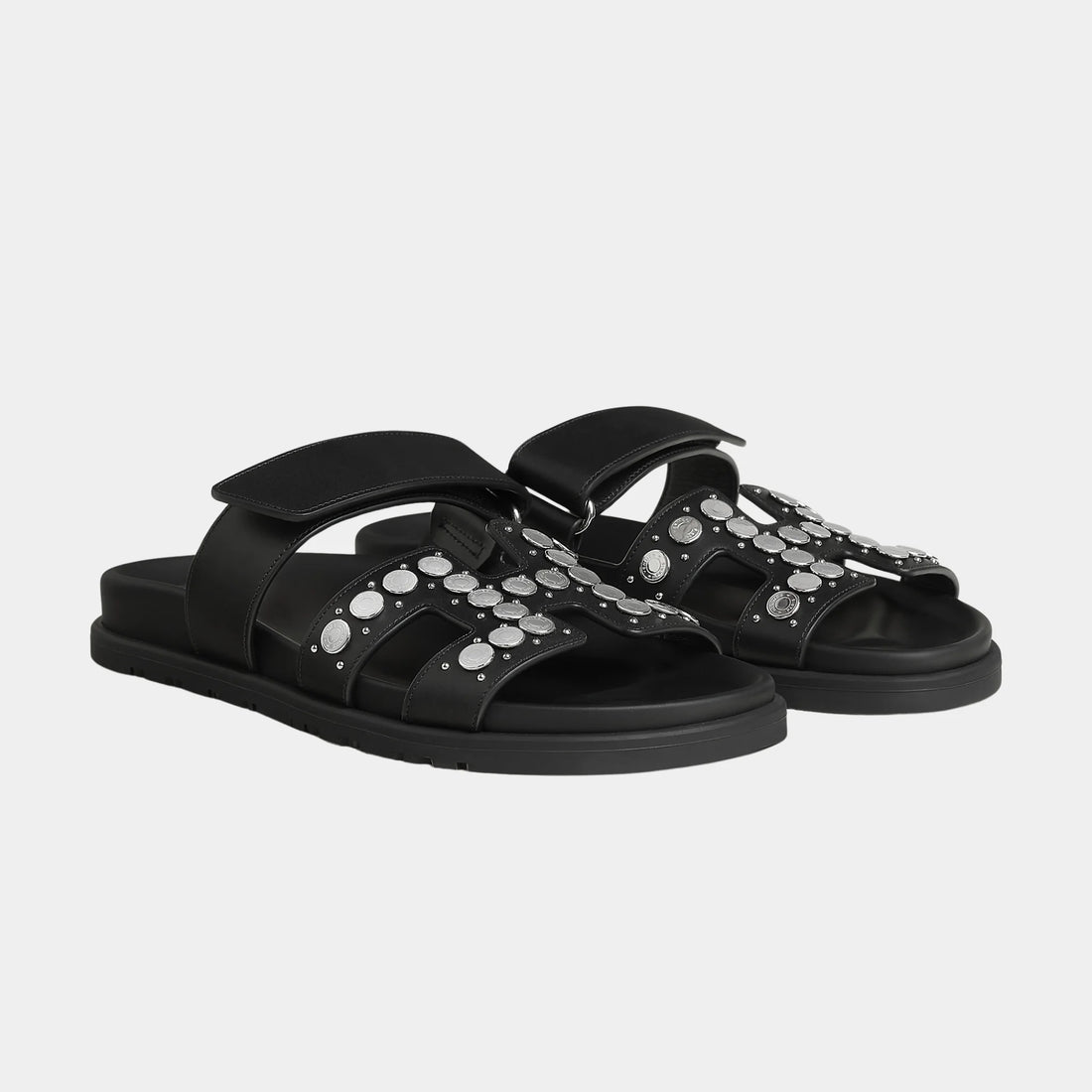 Hermes Chypre Sandal in Calfskin with Clou De Selle Stud, Noir, Front
