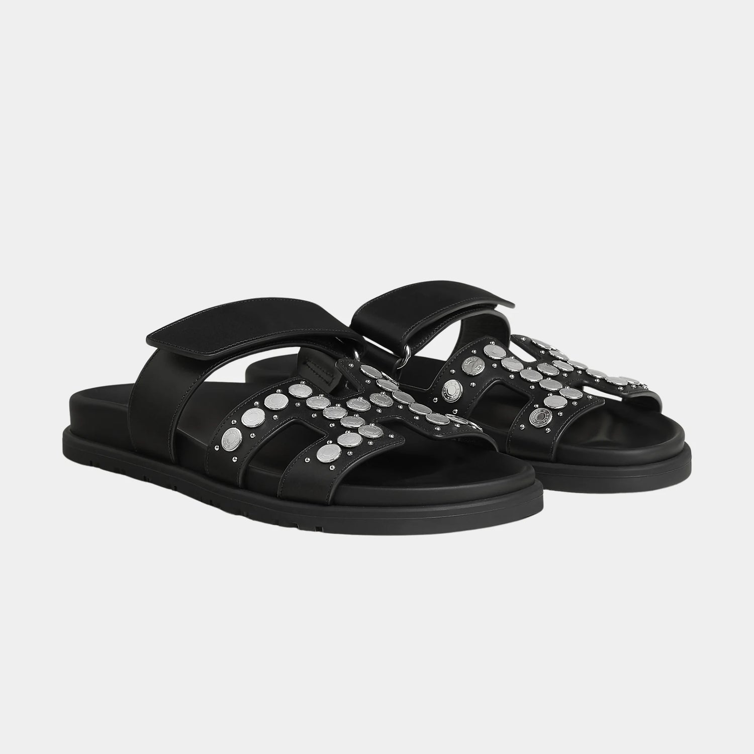 Hermes Chypre Sandal in Calfskin with Clou De Selle Stud, Noir, Front