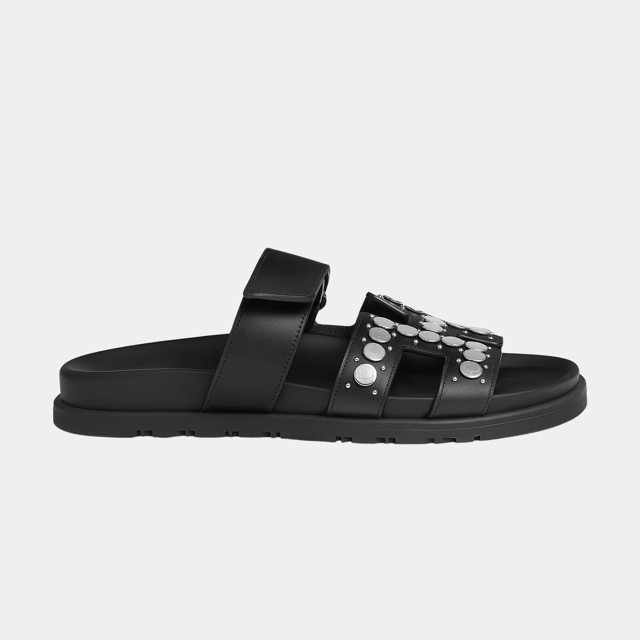 Hermes Chypre Sandal in Calfskin with Clou De Selle Stud, Noir, Side