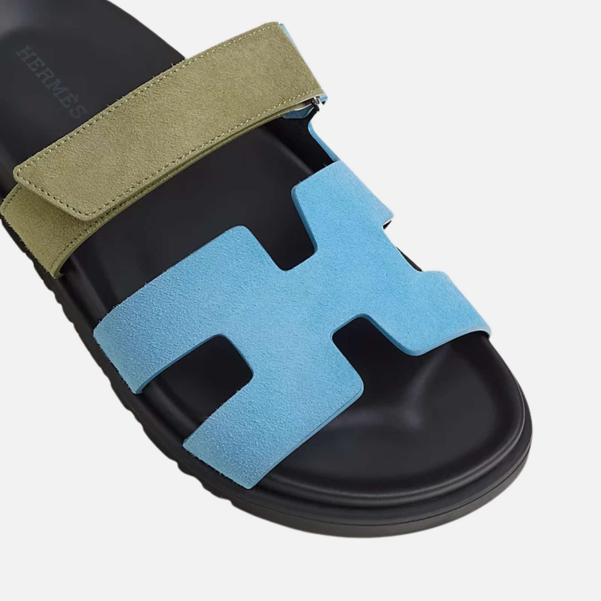 Hermes Chypre Sandal Duo Tone Suede, Bleu Cameo / Vert Celadon, Top