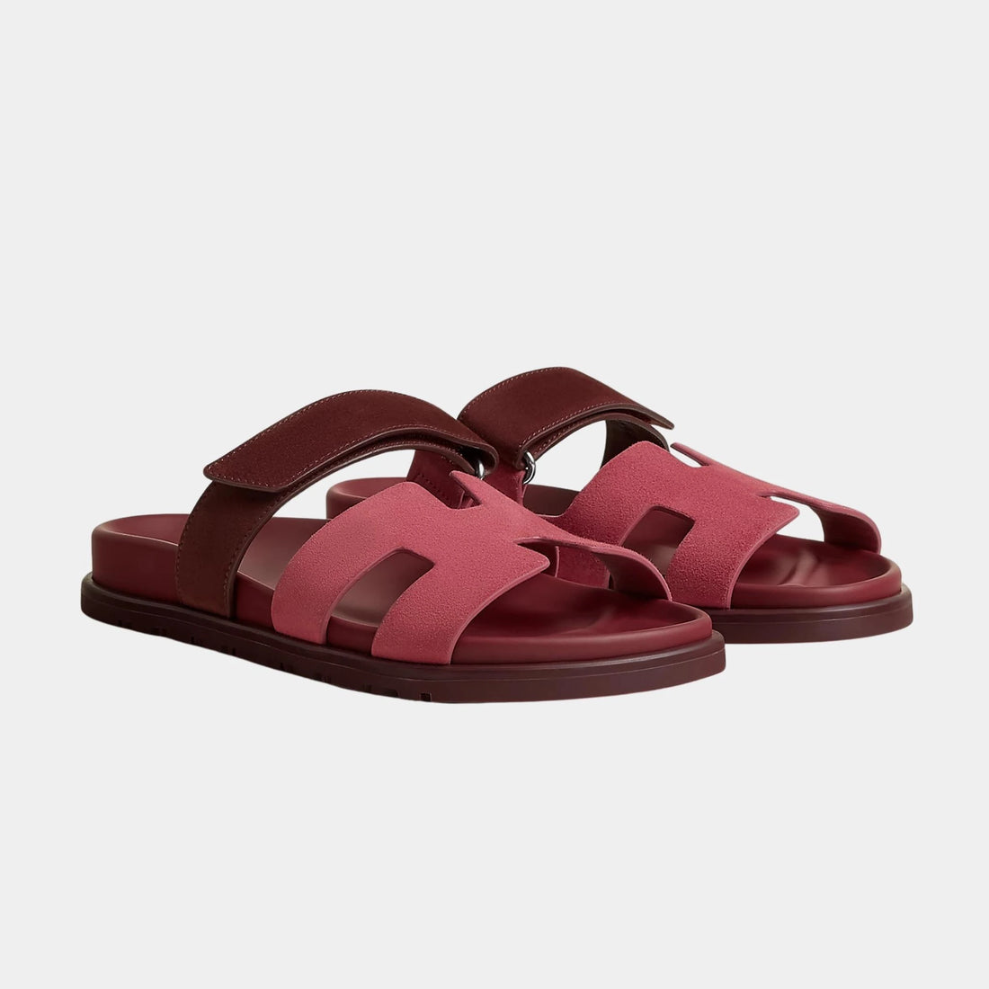 Hermes Chypre Sandal Duo Tone Suede Women, Rose Pinson, Marron Palissandre, Front