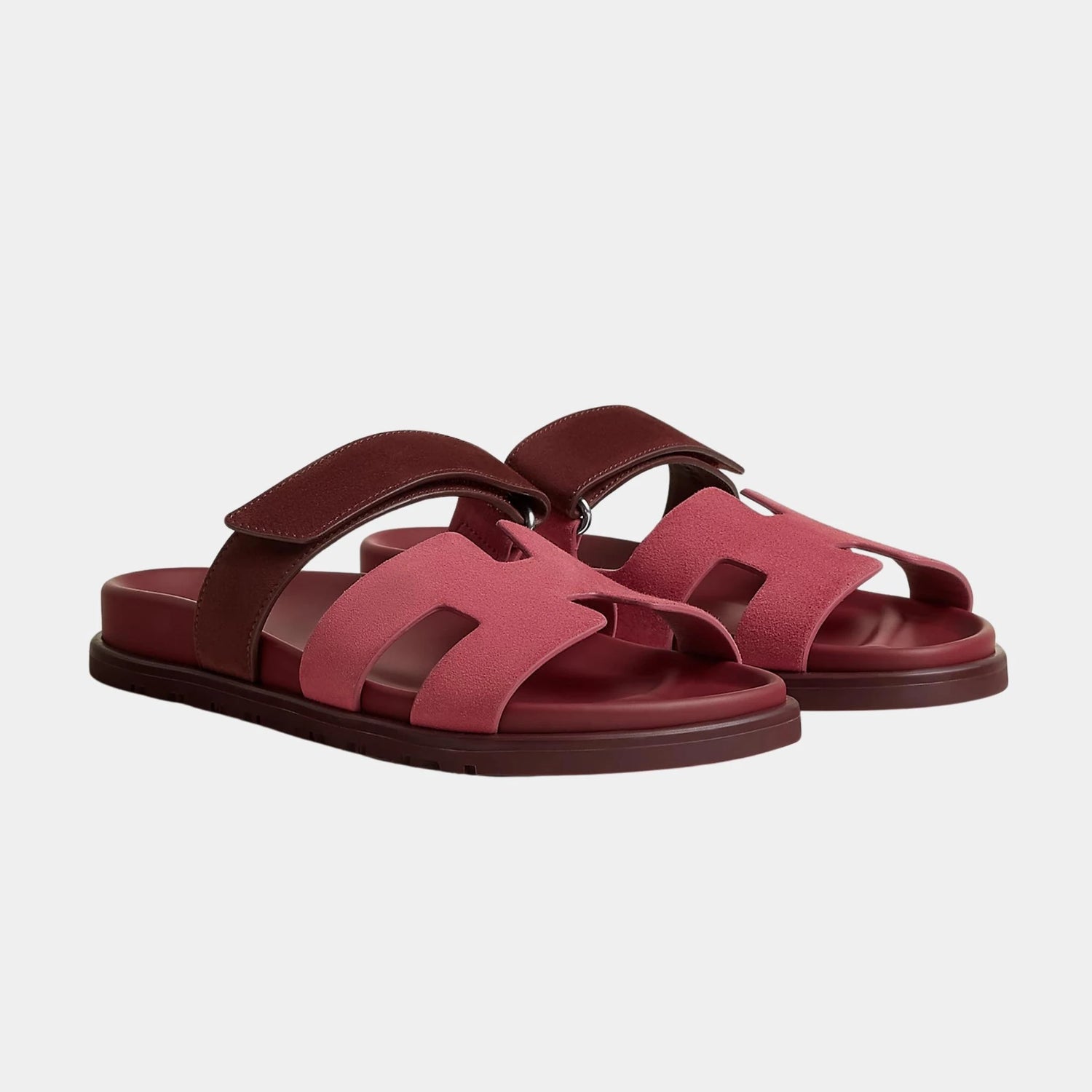 Hermes Chypre Sandal Duo Tone Suede Women, Rose Pinson, Marron Palissandre, Front