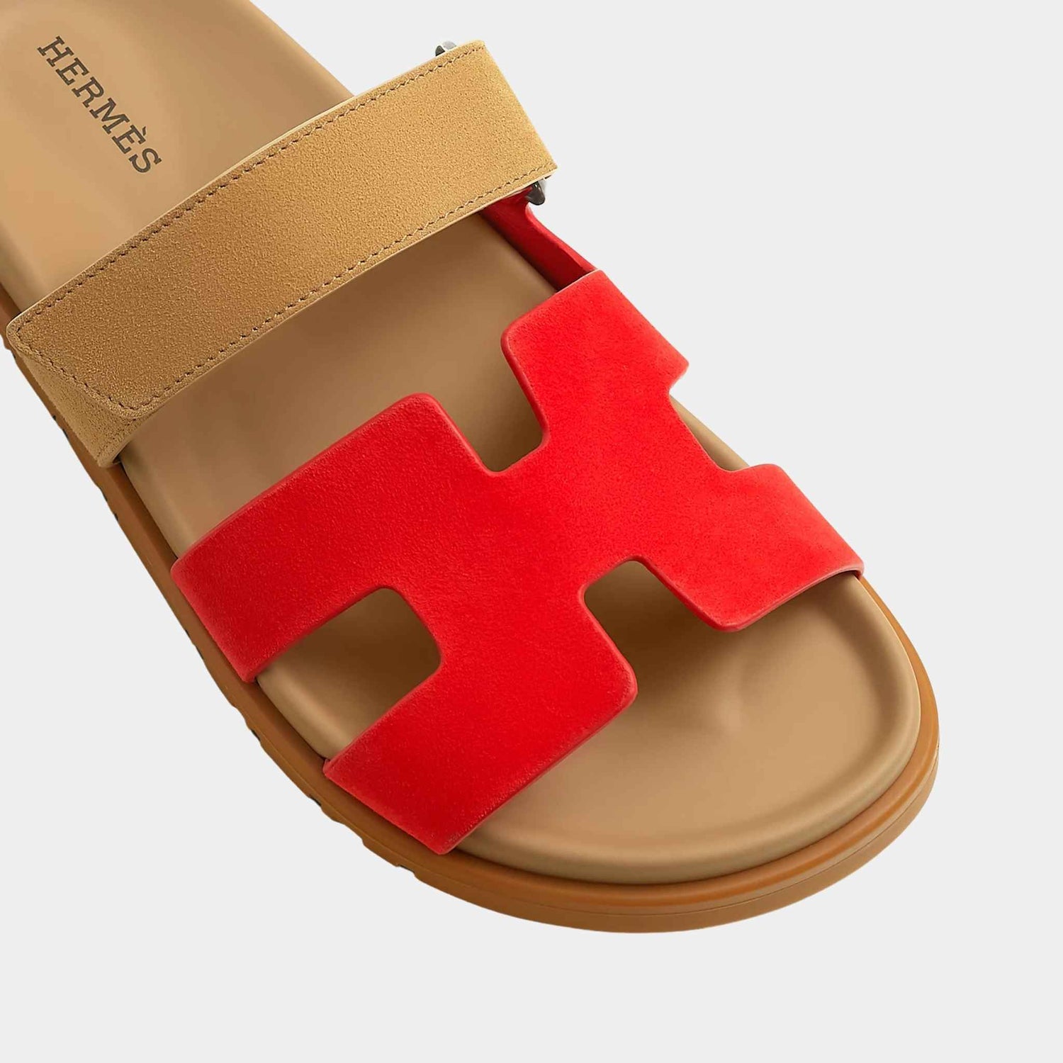 Hermes Chypre Sandal Duo Tone Suede Women, Rouge Grenadine, Beige Albinos, Top