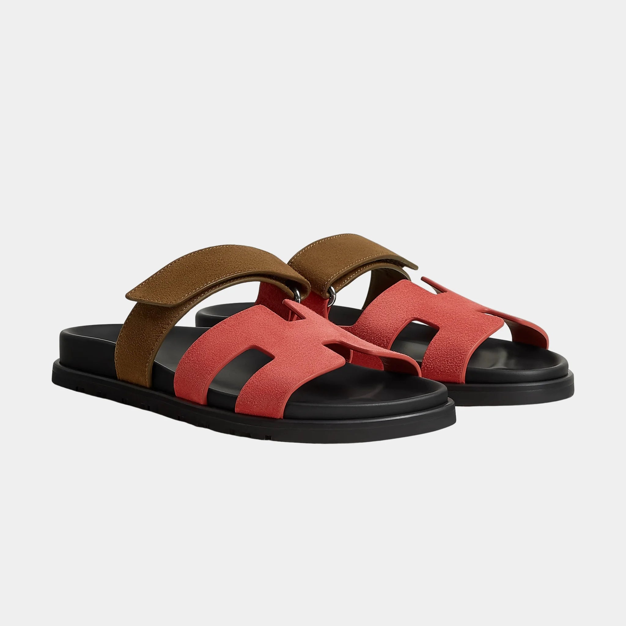 Hermes Chypre Sandal Duo Tone Suede Women, Rouge Tomette, Terre Ambree, Front