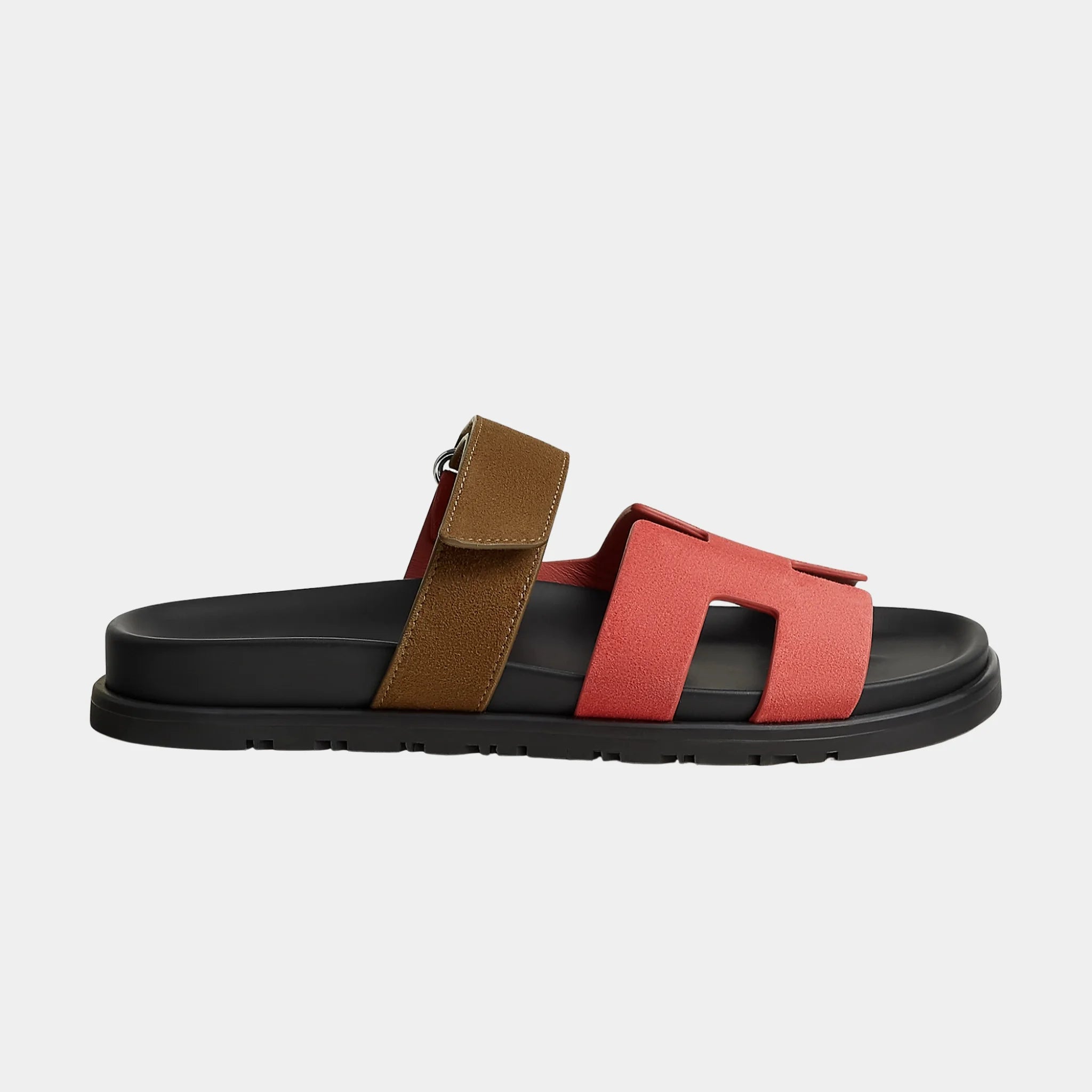 Hermes Chypre Sandal Duo Tone Suede Women, Rouge Tomette, Terre Ambree, Side