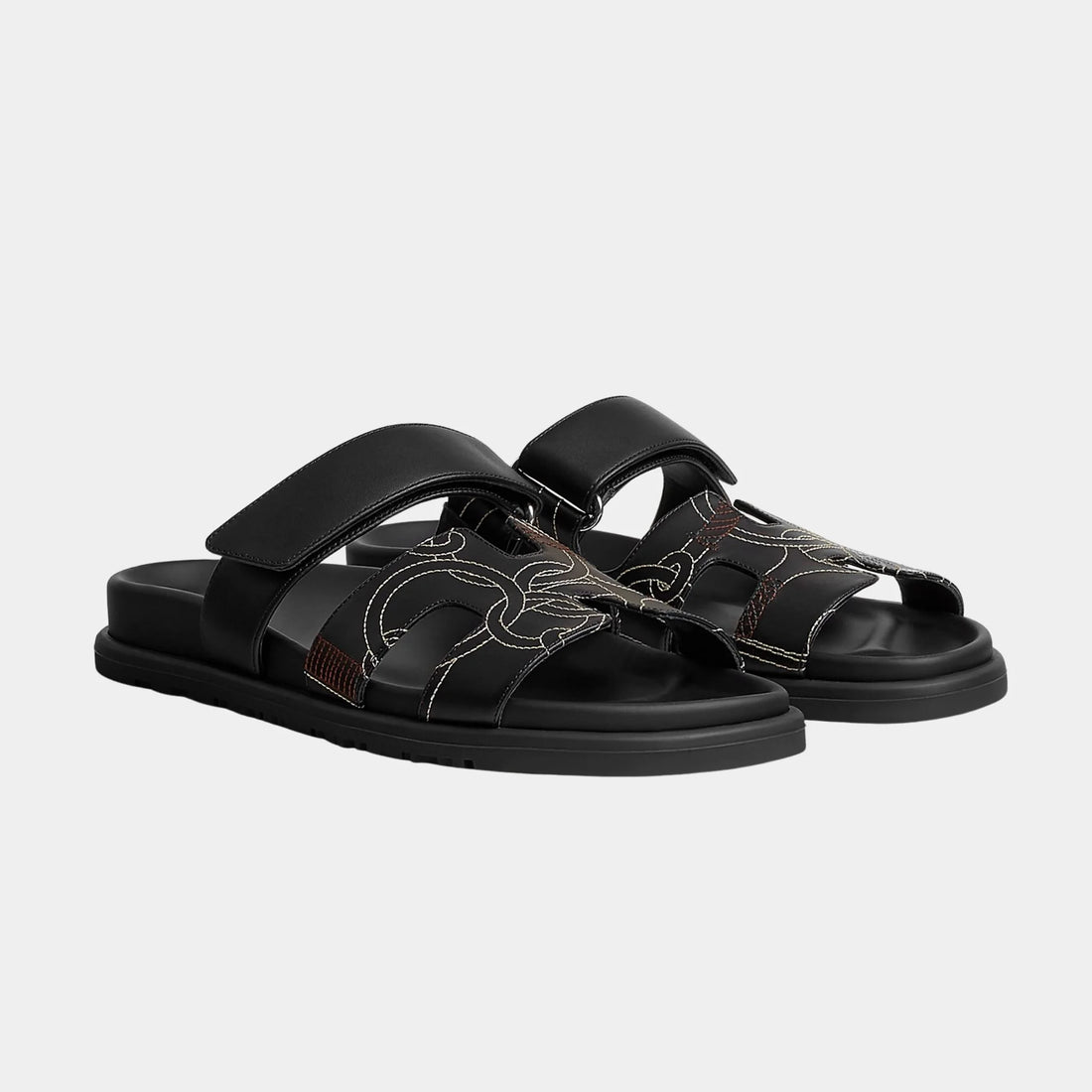 Hermes Chypre Sandal in Panoplie Equestre Embroidered Calfskin, Noir, Front