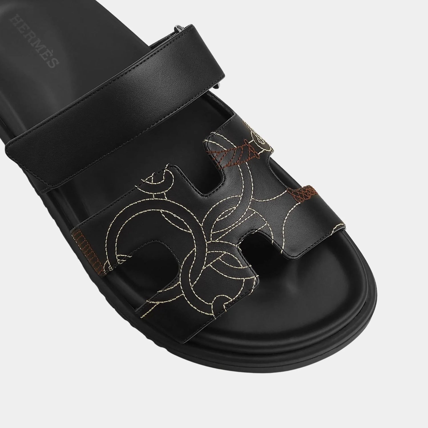 Hermes Chypre Sandal in Panoplie Equestre Embroidered Calfskin, Noir, Top