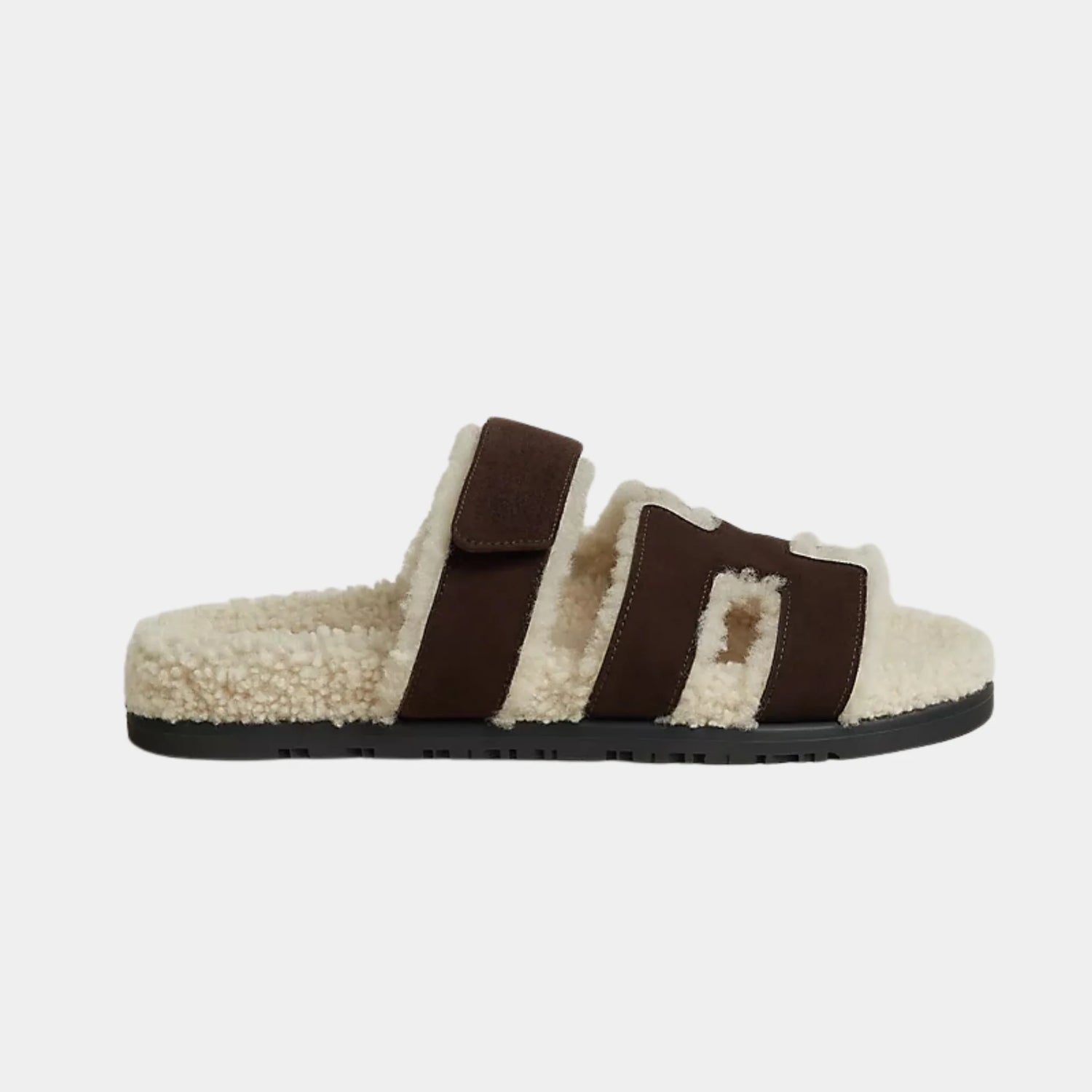 Hermes Chypre Sandal Suede With Shearling Women, Marron Ebene, Ecru, Side