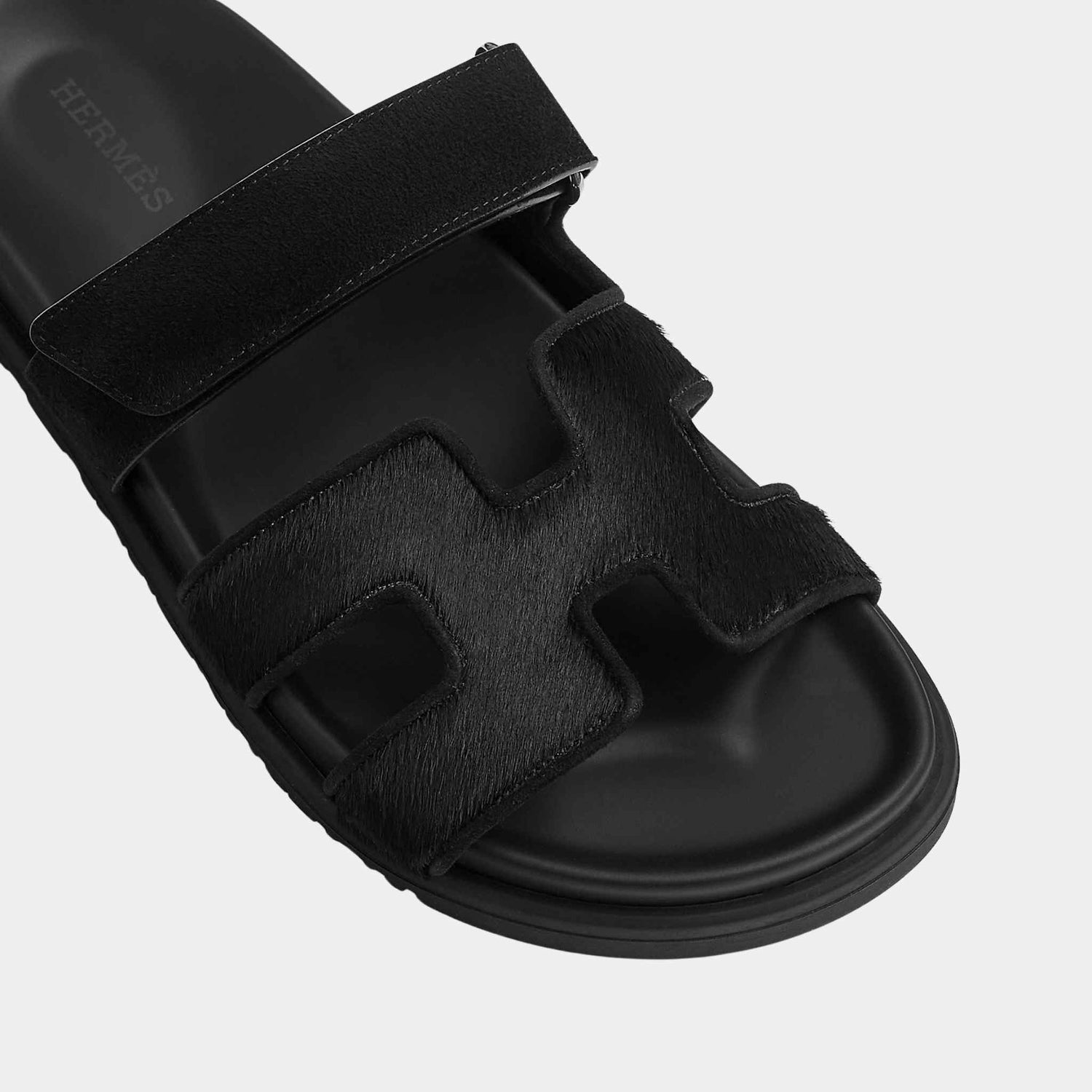 Hermes Chypre Sandals Black Calfskin Suede, Close