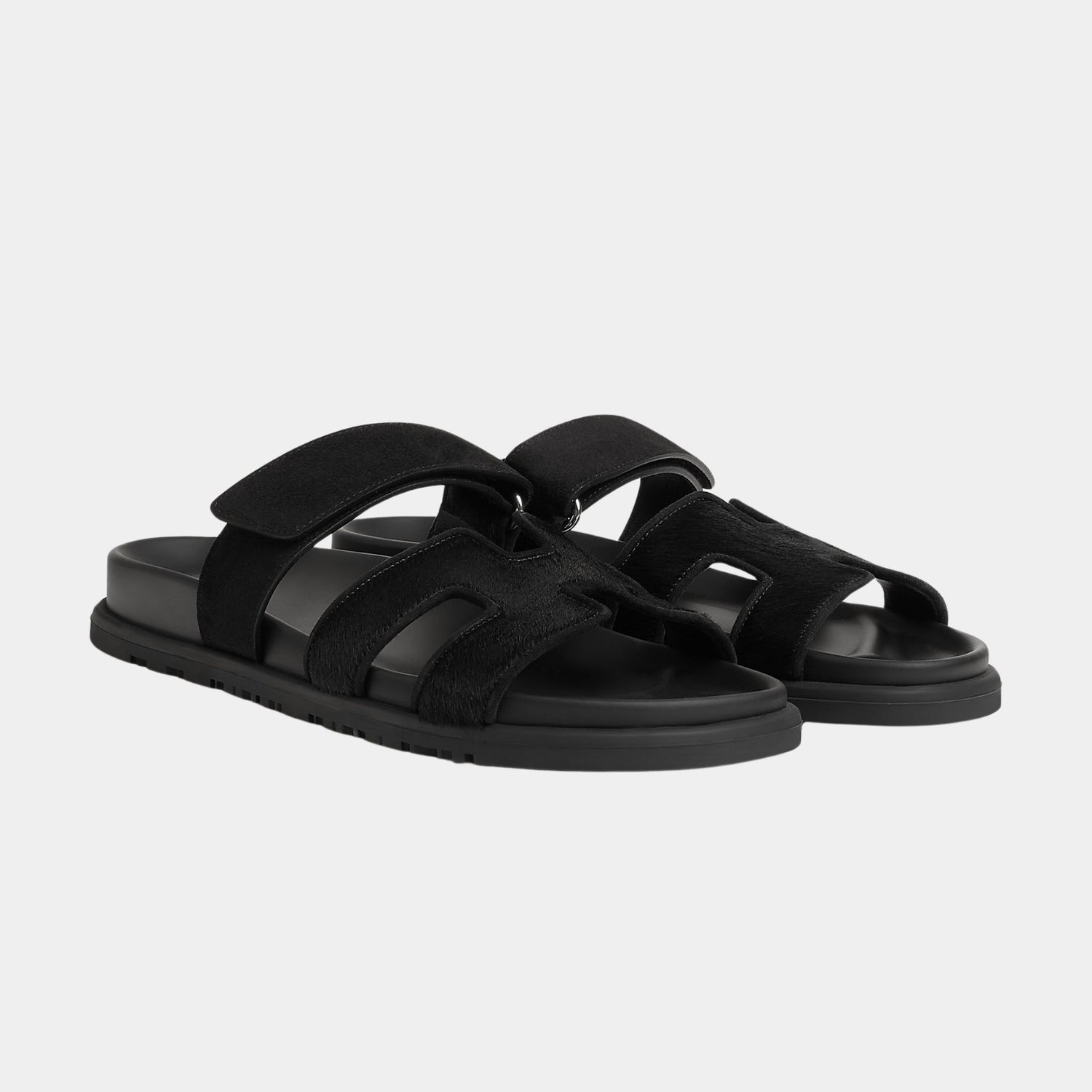 Hermes Chypre Sandals Black Calfskin Suede, Front