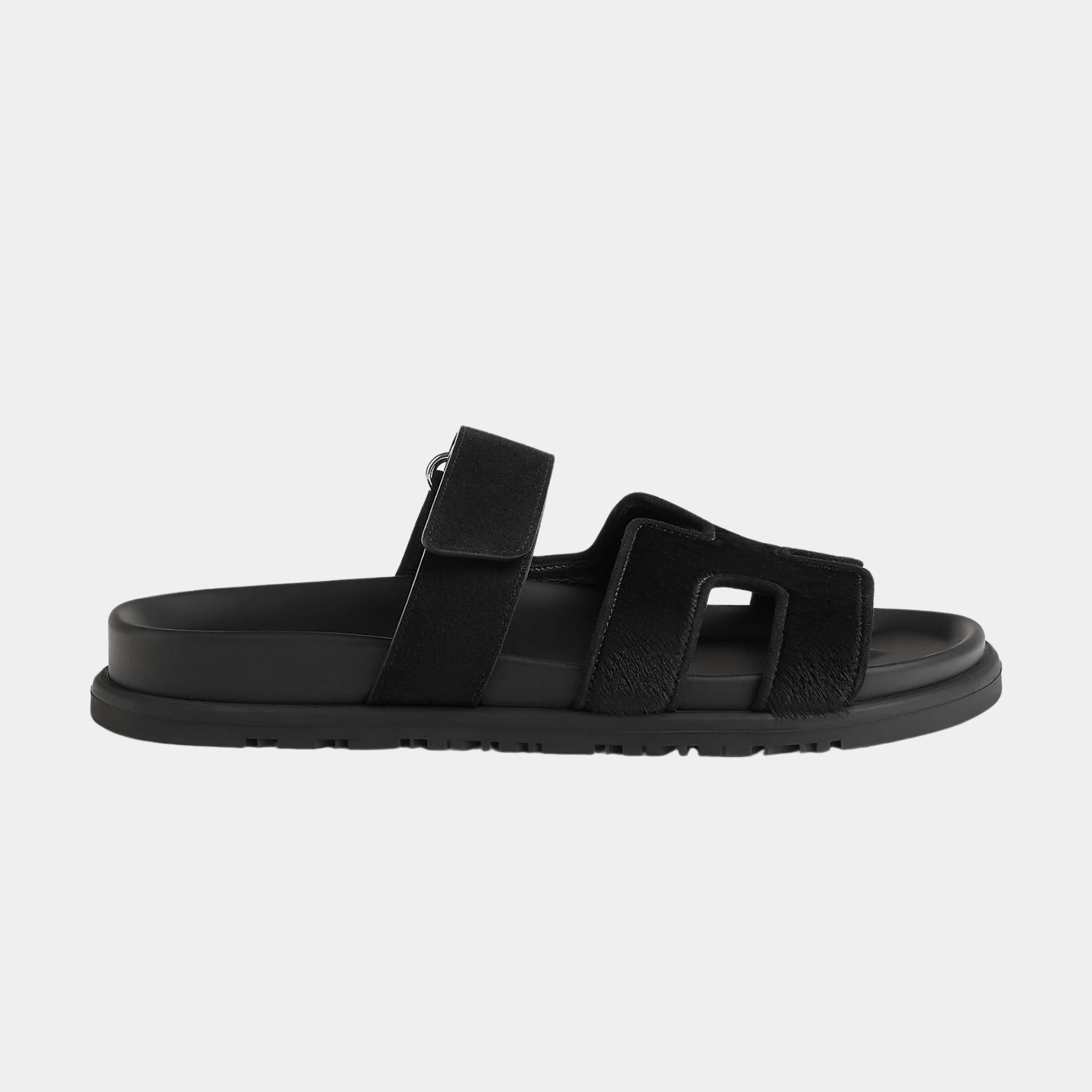 Hermes Chypre Sandals Black Calfskin Suede, Side