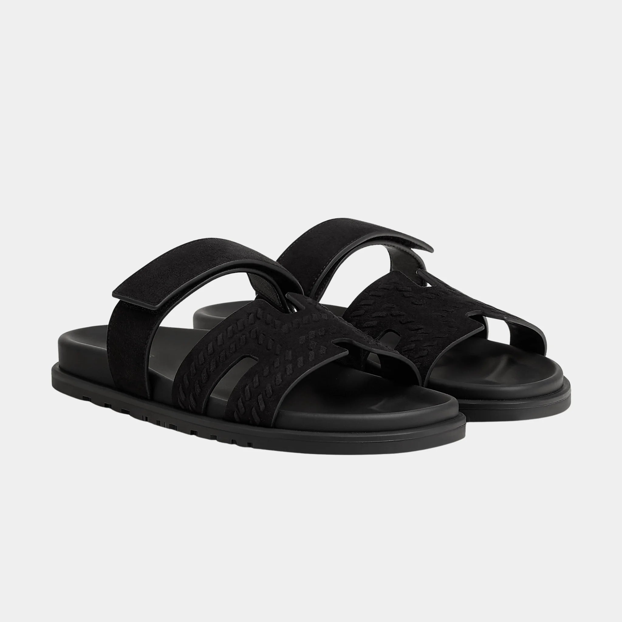 Hermes Chypre Sandals in Braided Suede Goatskin, Noir, Front