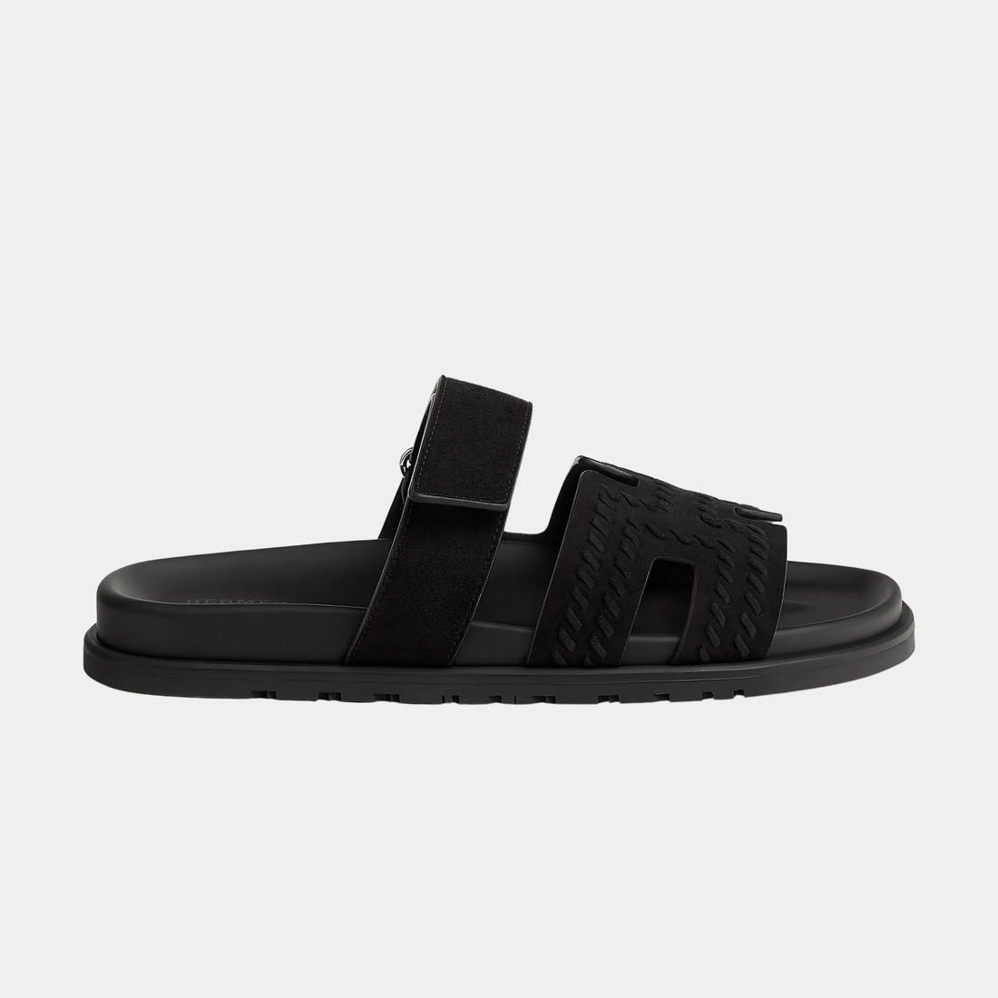 Hermes Chypre Sandals in Braided Suede Goatskin, Noir, Side