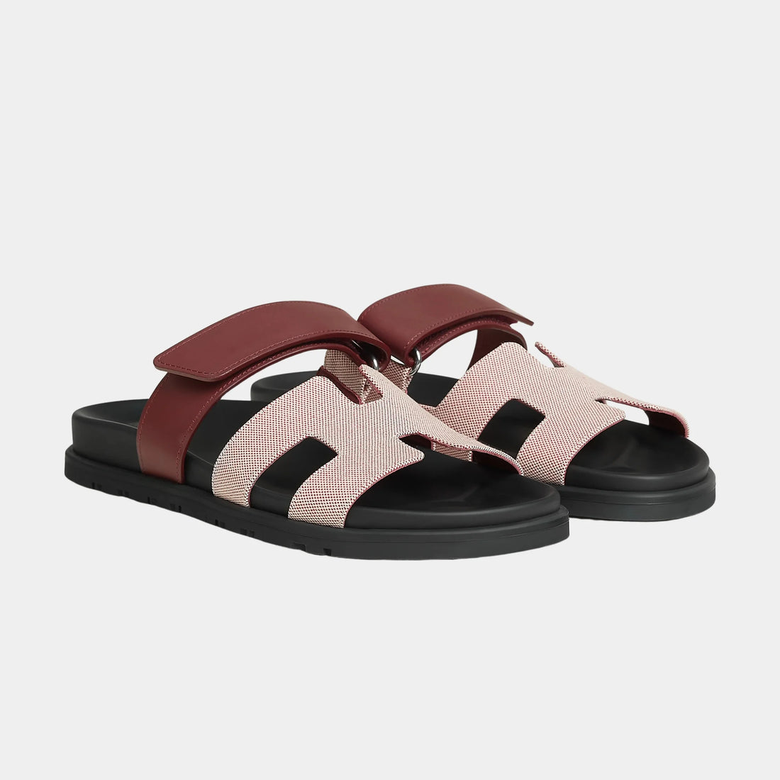 Hermes Chypre Sandals in Canvas and Calfskin, Rouge H, Front