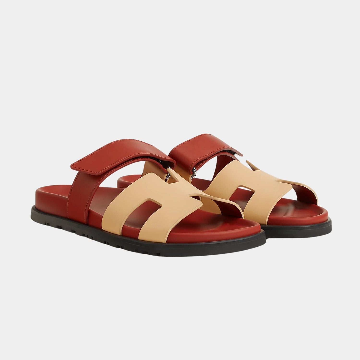 Hermes Chypre Sandals Duo Tone Calfskin Women, Jaune Malawi, Rouge Sanguine, Front