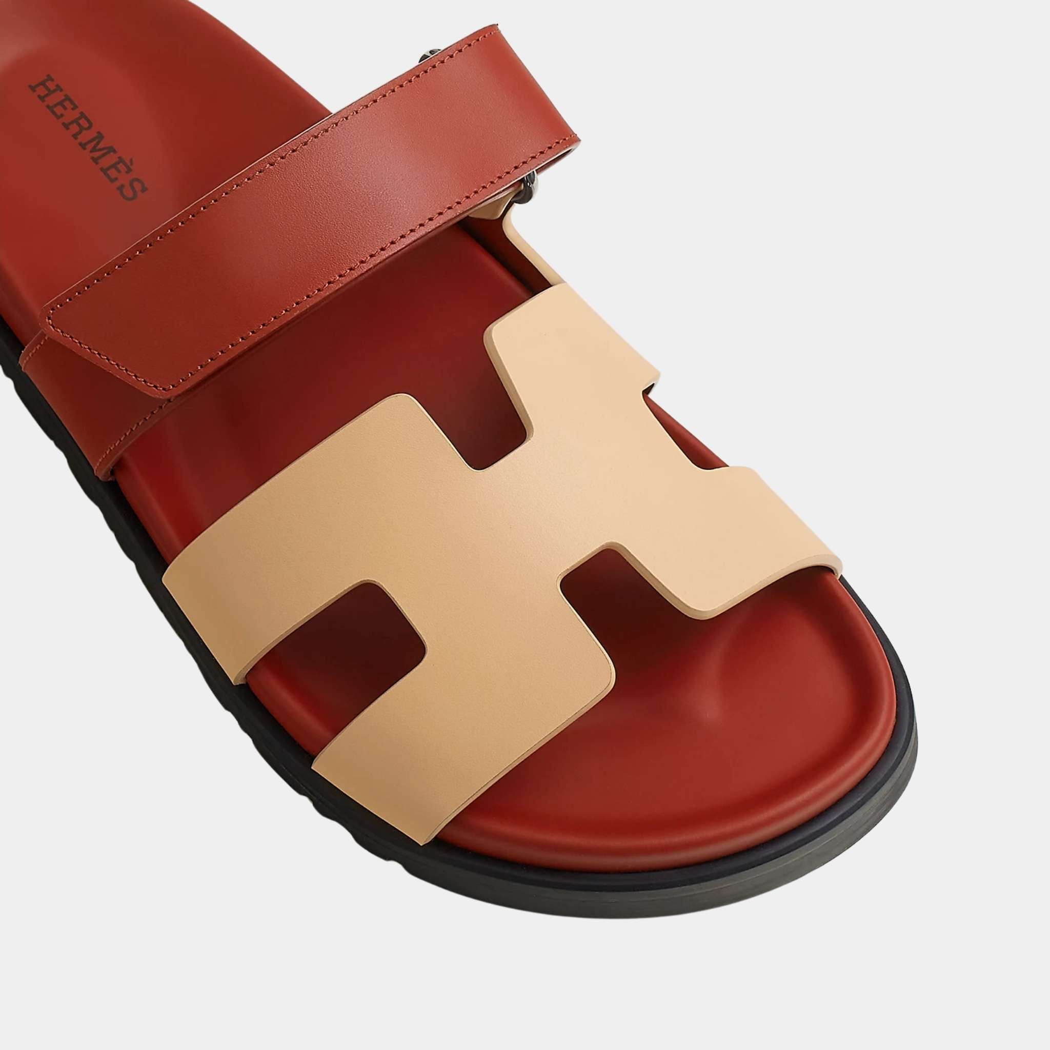 Hermes Chypre Sandals Duo Tone Calfskin Women, Jaune Malawi, Rouge Sanguine, Top